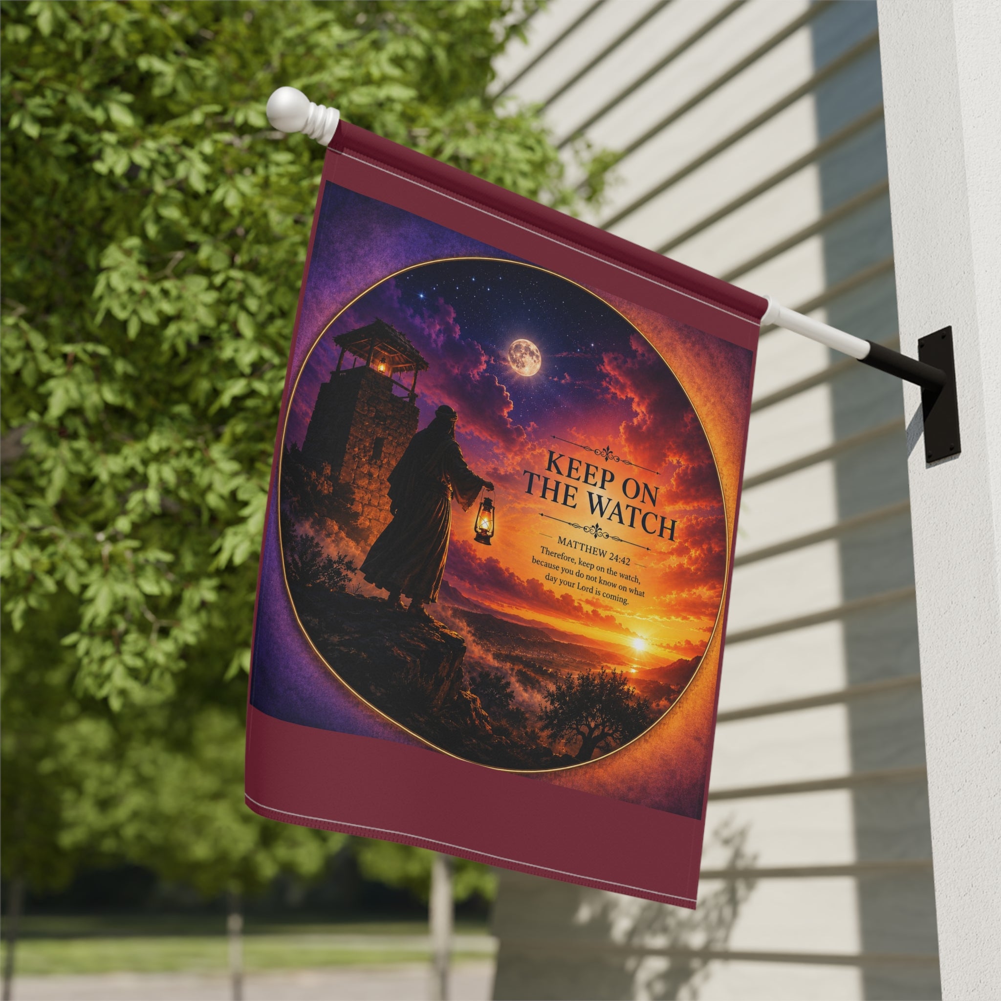 Inspirational Christian garden flag featuring a lantern-bearing watchman, lighthouse, glowing moon, and dramatic coastal sunset with the phrase “Keep On The Watch.”