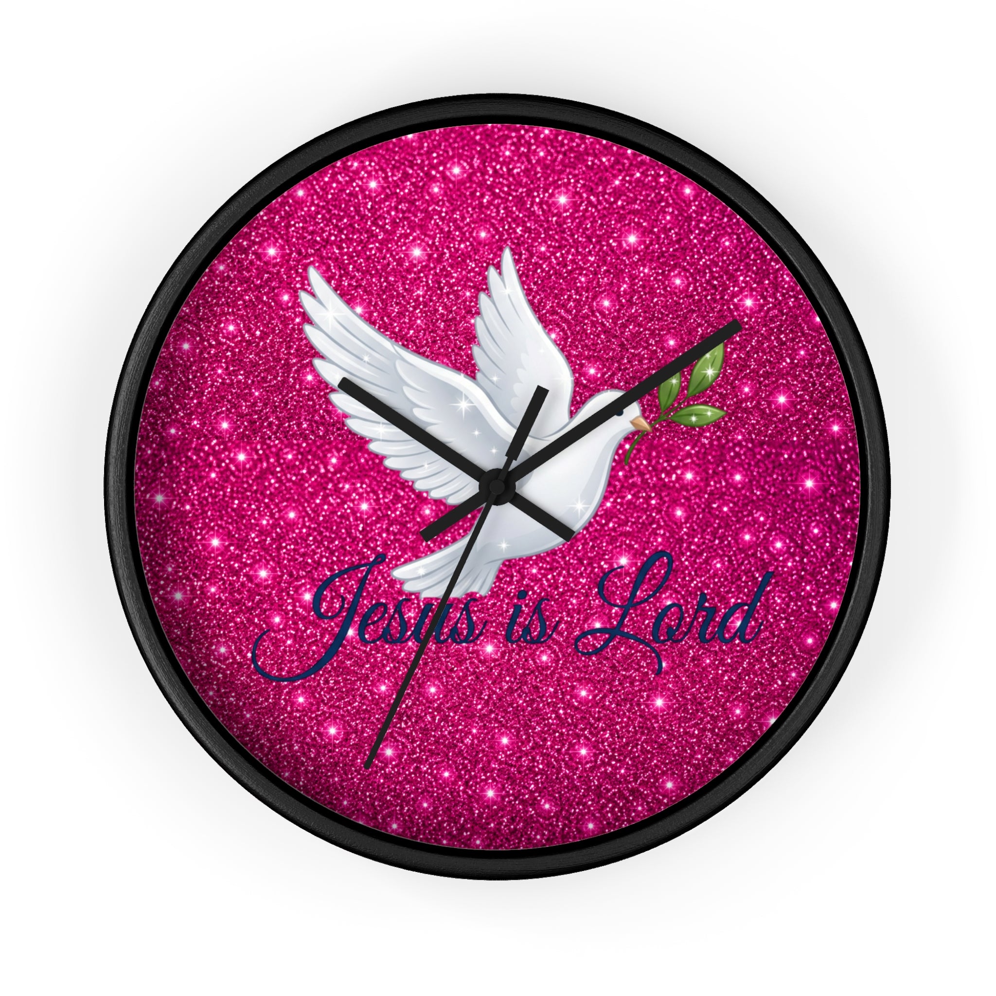 Jesus Is Lord Wall Clock | Pink Glitter Dove Christian Wall Decor | Silent Faith Clock