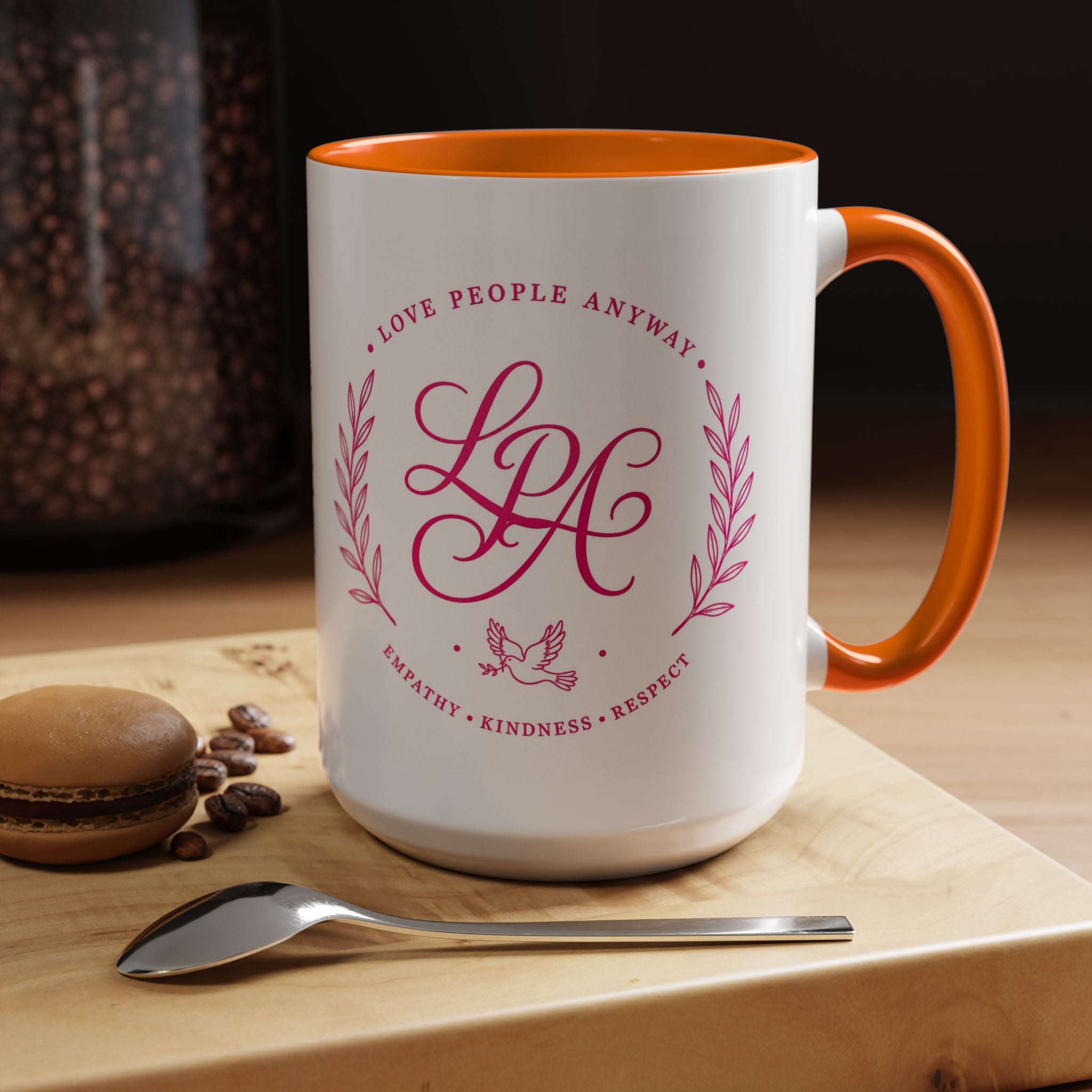 Love People Anyway Coffee Mug | Inspirational Pink Monogram Mug | Faith Freedom Creations