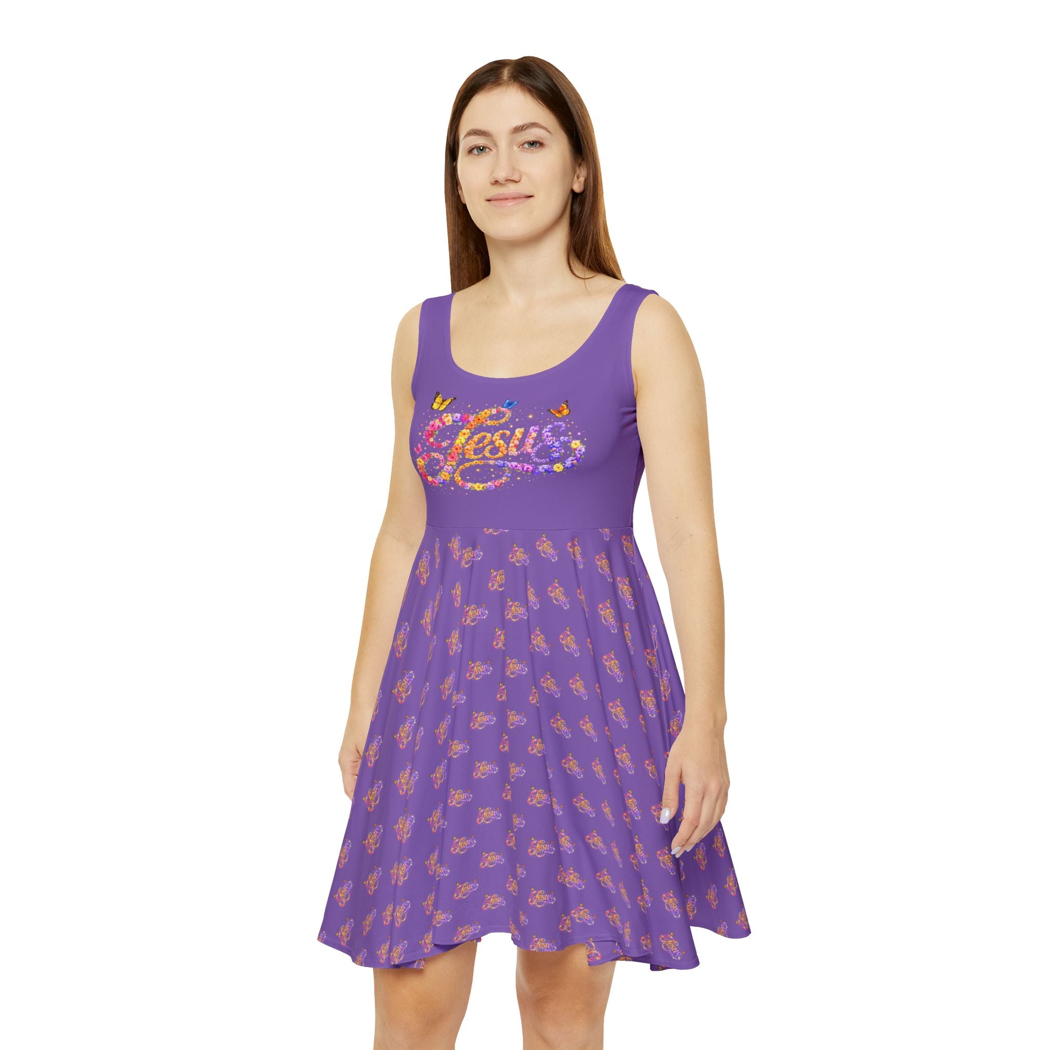 Purple Floral Jesus Thank You Skater Dress – Christian Faith Dress | Elegant Church & Easter Outfit