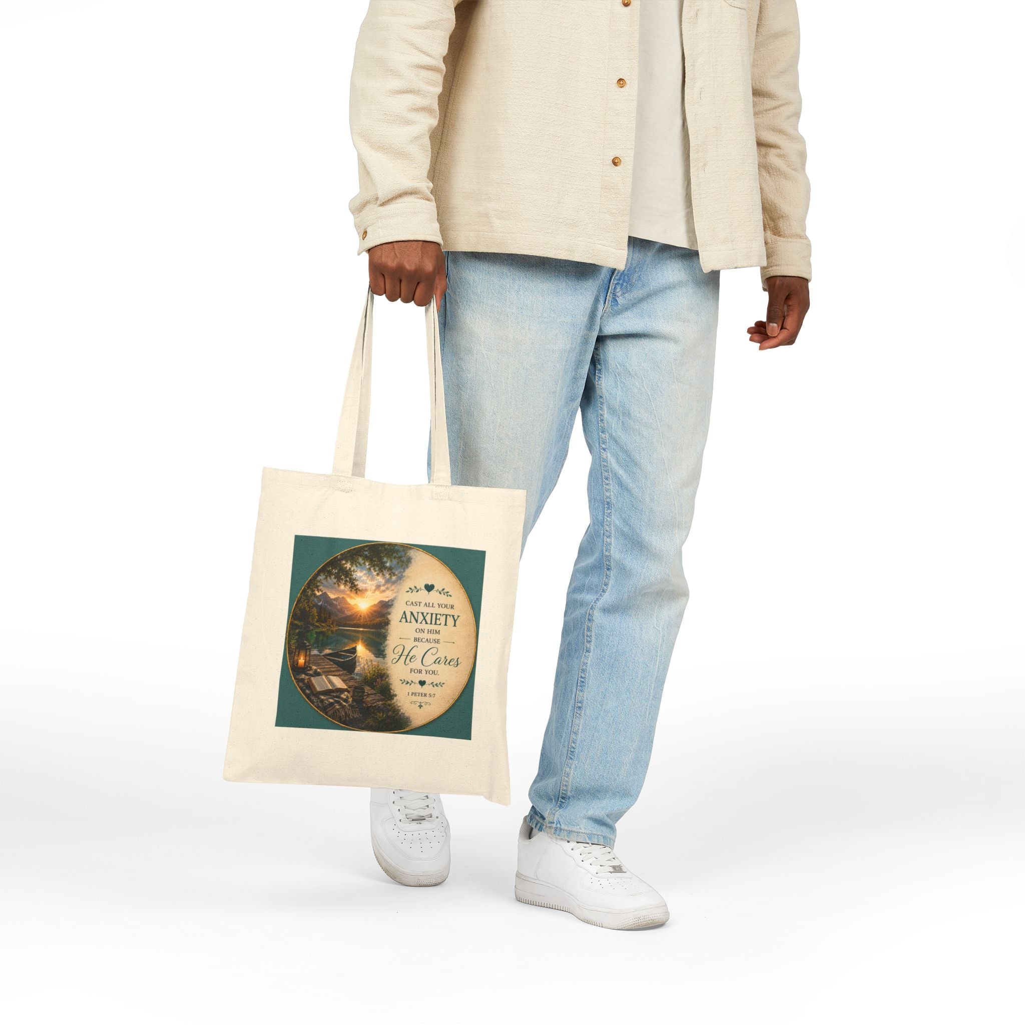 Cast All Your Anxiety Tote Bag | 1 Peter 5:7 Christian Canvas Tote | Inspirational Scripture Bag
