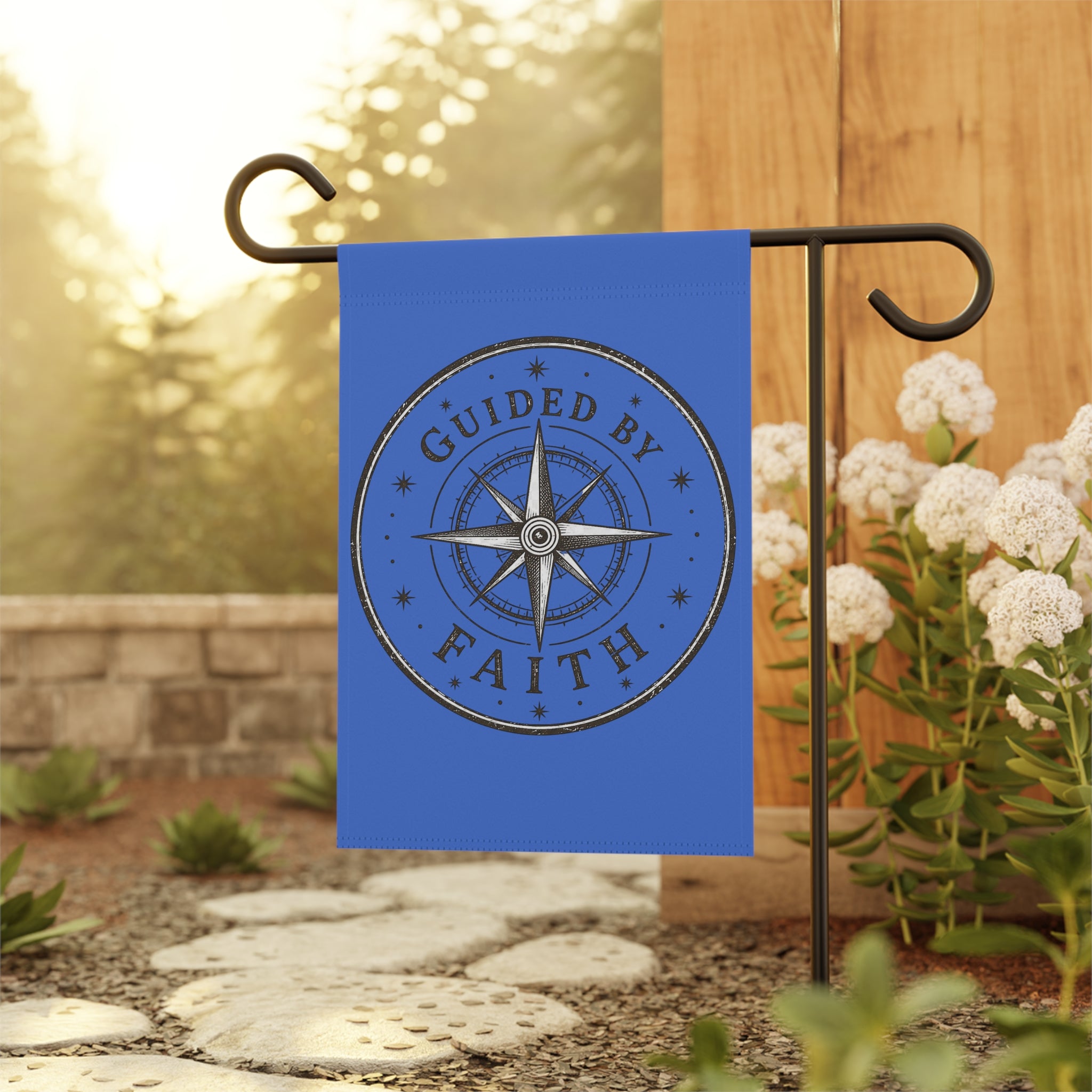 Christian garden flag featuring a vintage distressed compass design with the words “Guided By Faith” in rustic farmhouse style on a double-sided outdoor banner.