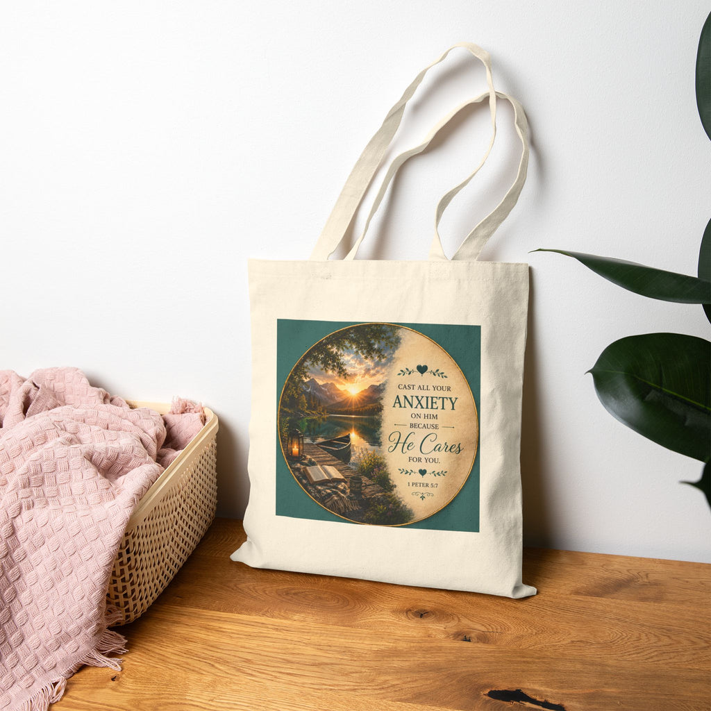 Cast All Your Anxiety Tote Bag | 1 Peter 5:7 Christian Canvas Tote | Inspirational Scripture Bag