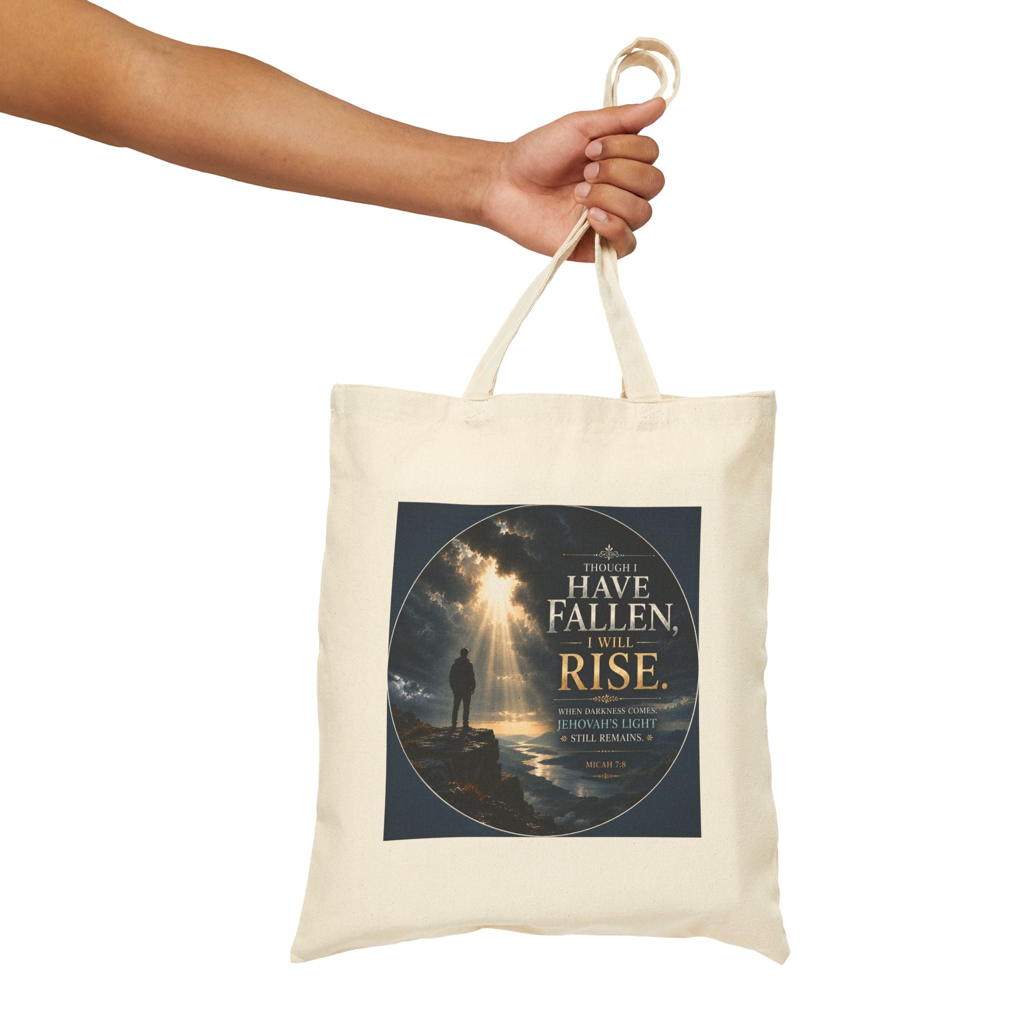 Though I Have Fallen, I Will Rise Tote Bag | Micah 7:8 Christian Canvas Tote