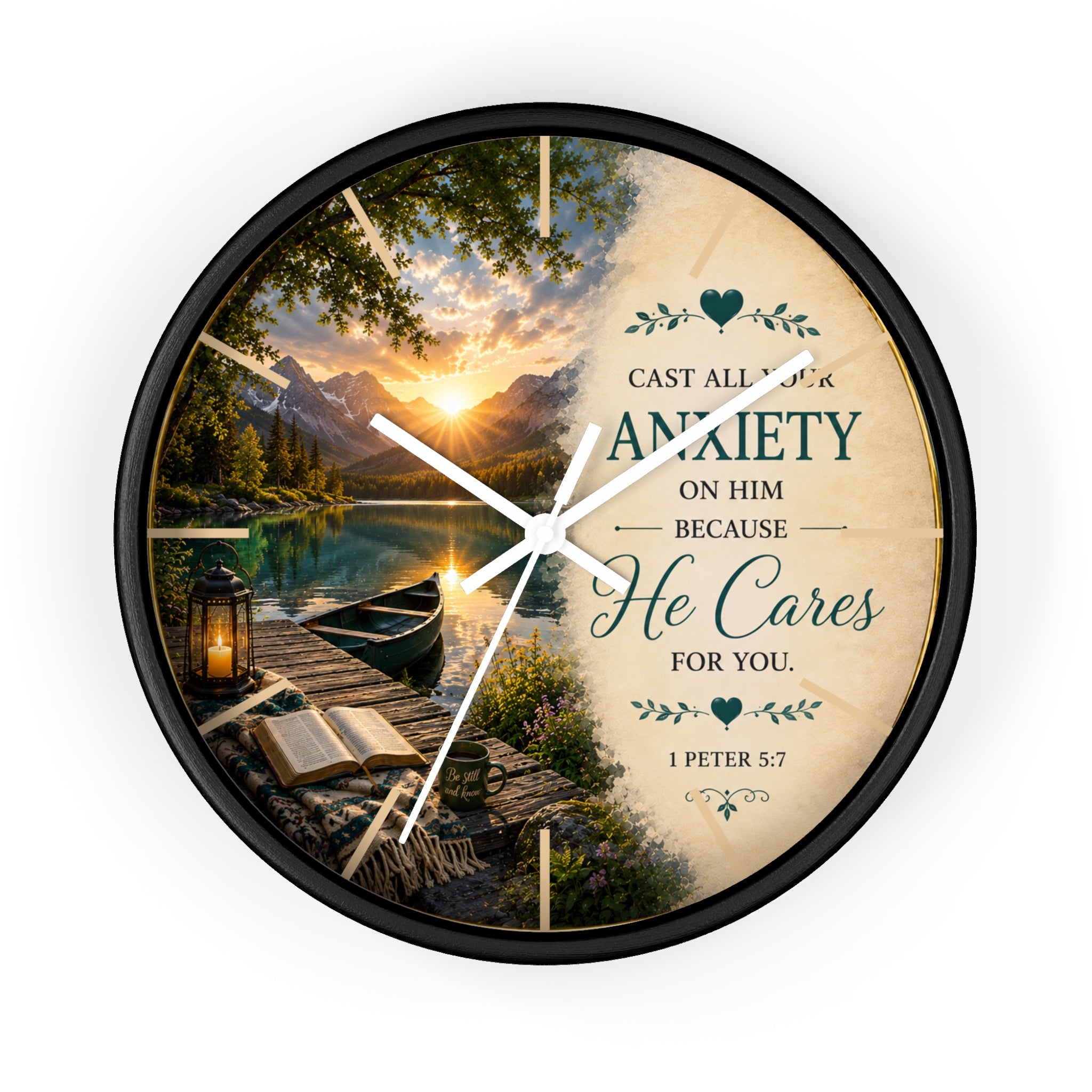 Inspirational Christian wall clock featuring a peaceful lakeside sunrise with a dock, canoe, and 1 Peter 5:7 scripture about casting anxiety on Him.