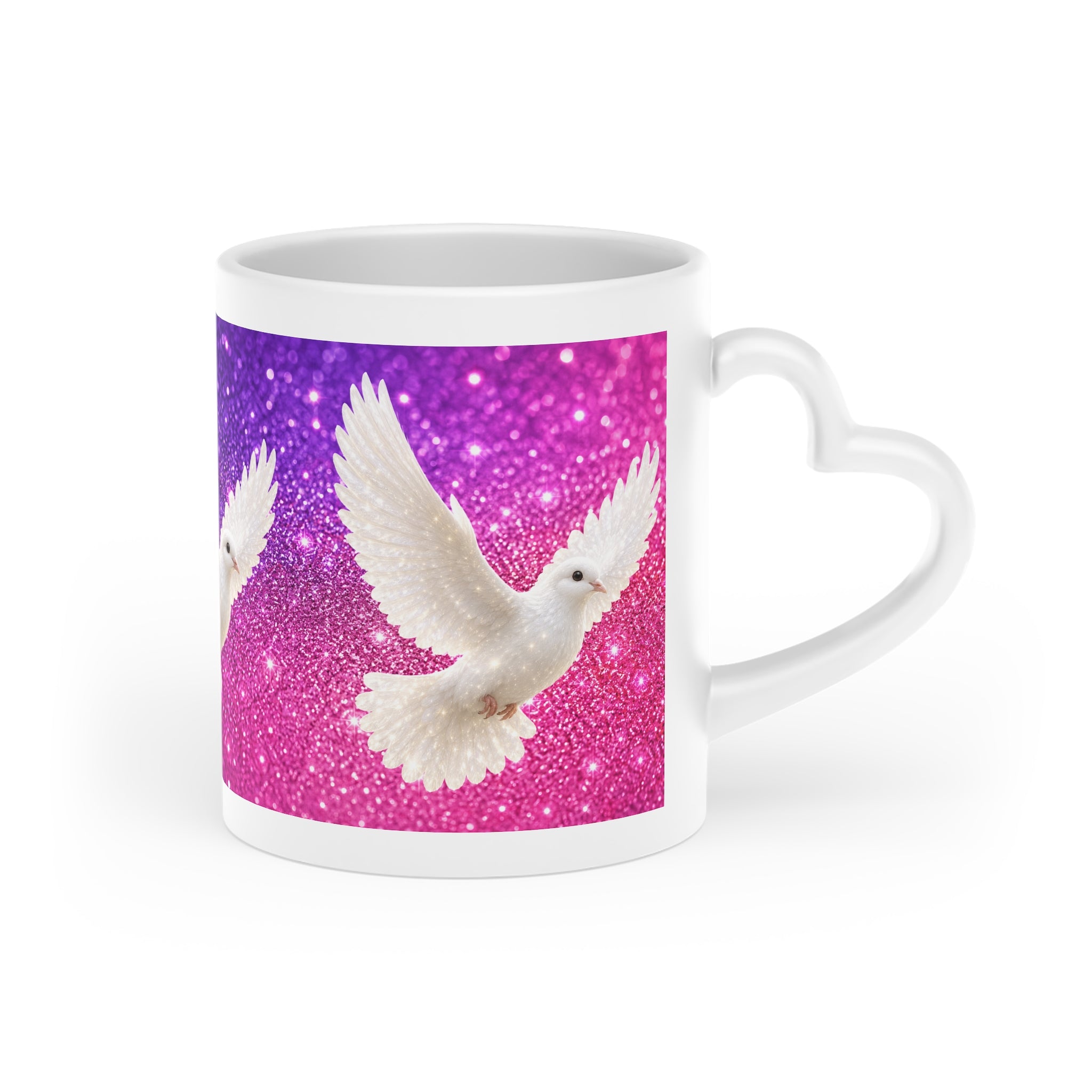 White ceramic heart-shaped handle mug featuring white doves flying across a sparkling pink and purple gradient background with vibrant wraparound artwork.