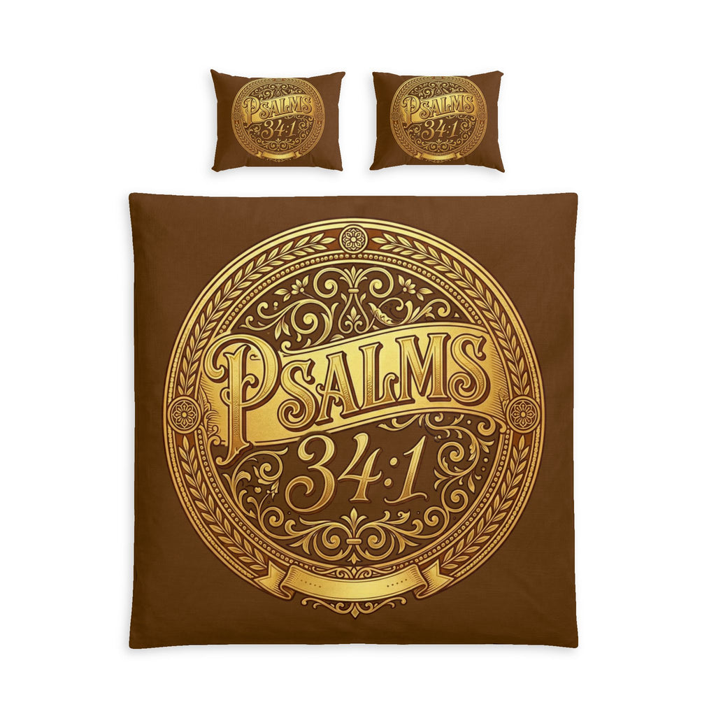 Brown cotton bedding set featuring an ornate gold medallion design with Psalms 34:1 on a Christian duvet cover and matching pillow sham.