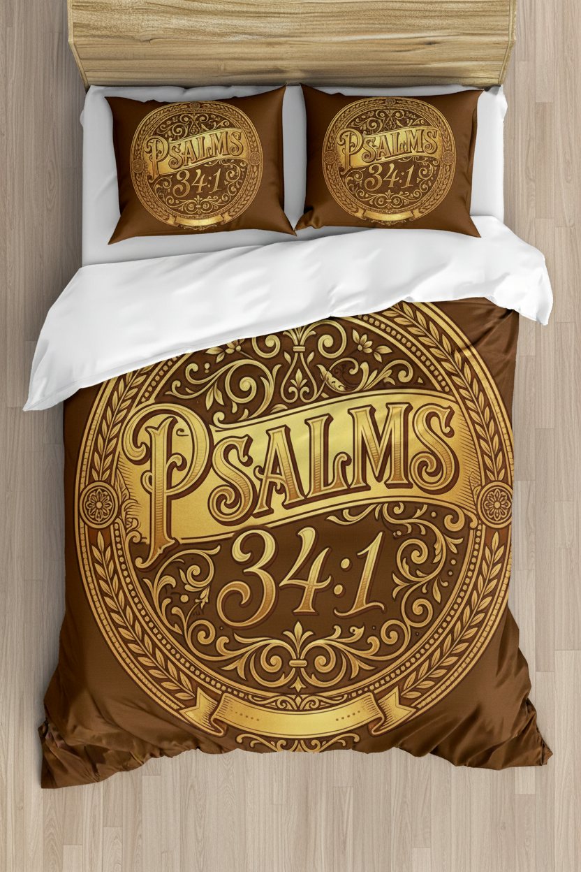 Brown cotton bedding set featuring an ornate gold medallion design with Psalms 34:1 on a Christian duvet cover and matching pillow sham.