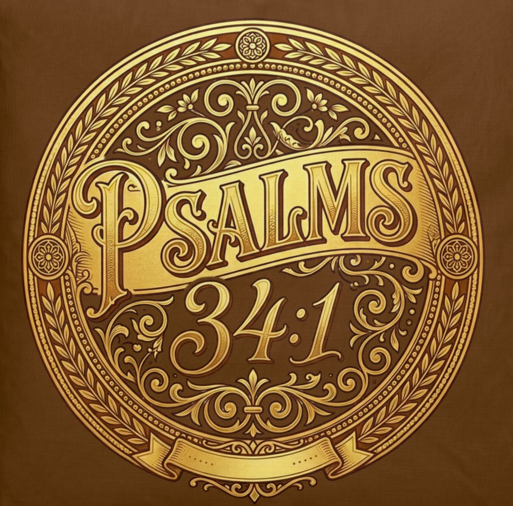 Brown cotton bedding set featuring an ornate gold medallion design with Psalms 34:1 on a Christian duvet cover and matching pillow sham.