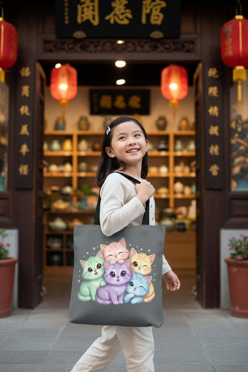 Pastel Rainbow Kittens Tote Bag – Cute Cat Lover Tote | Colorful Cat Market Bag