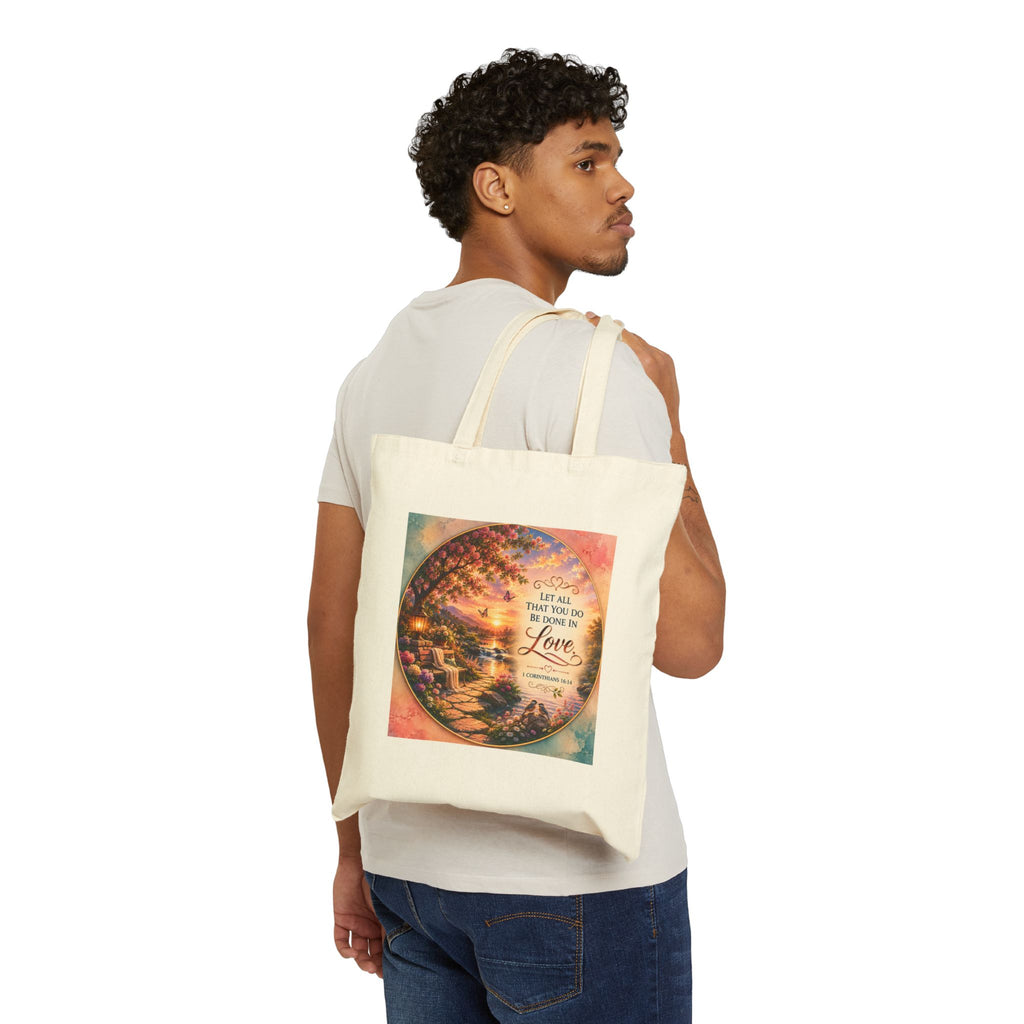 Christian cotton canvas tote bag featuring 1 Corinthians 16:14, “Let All That You Do Be Done in Love,” with a peaceful garden landscape, blooming flowers, butterflies, flowing river, lantern, birds, and sunset artwork.
