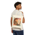 Christian cotton canvas tote bag featuring 1 Corinthians 16:14, “Let All That You Do Be Done in Love,” with a peaceful garden landscape, blooming flowers, butterflies, flowing river, lantern, birds, and sunset artwork.
