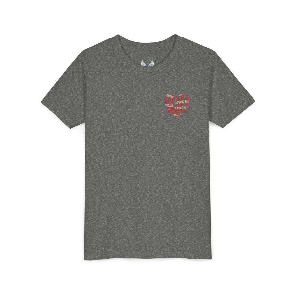 Jesus Loves Me Youth T-Shirt – Heart Word Cloud Christian Kids Tee | Faith Inspired Youth Shirt