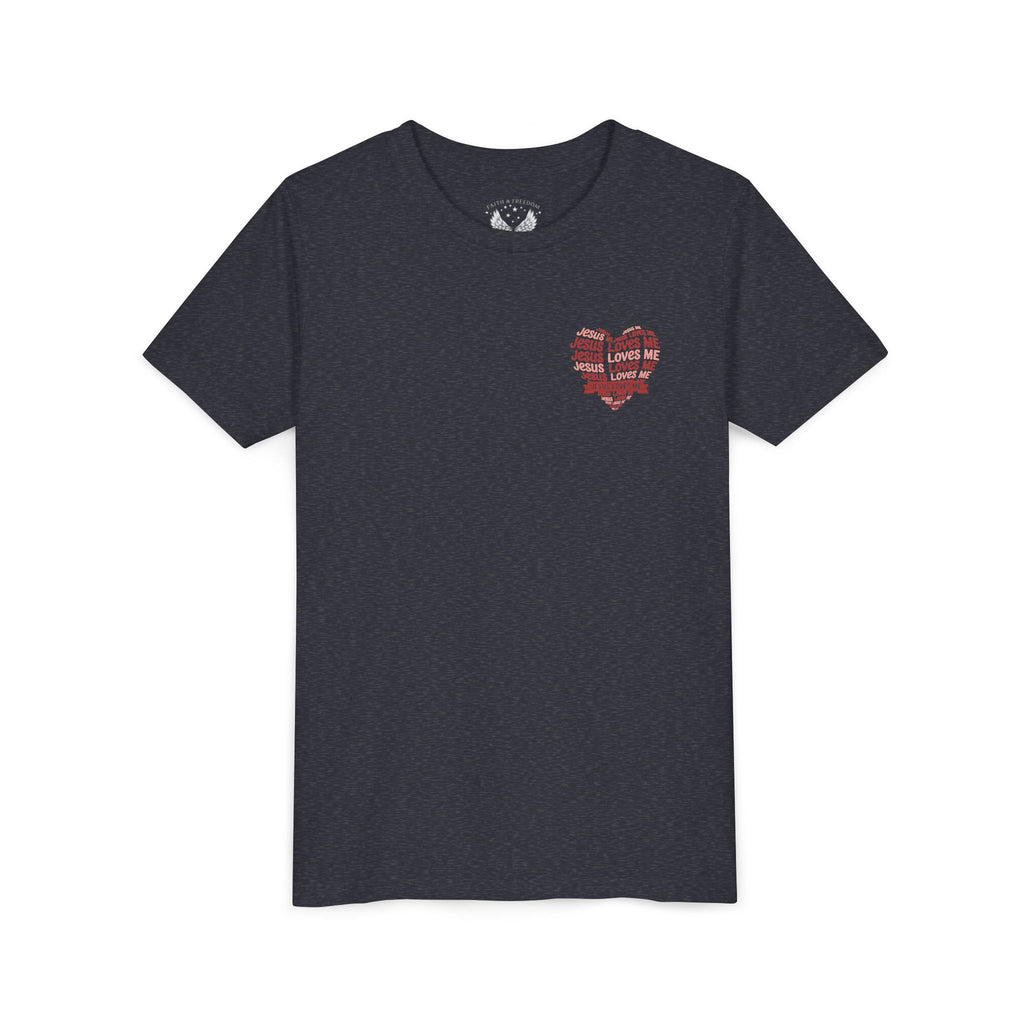 Jesus Loves Me Youth T-Shirt – Heart Word Cloud Christian Kids Tee | Faith Inspired Youth Shirt
