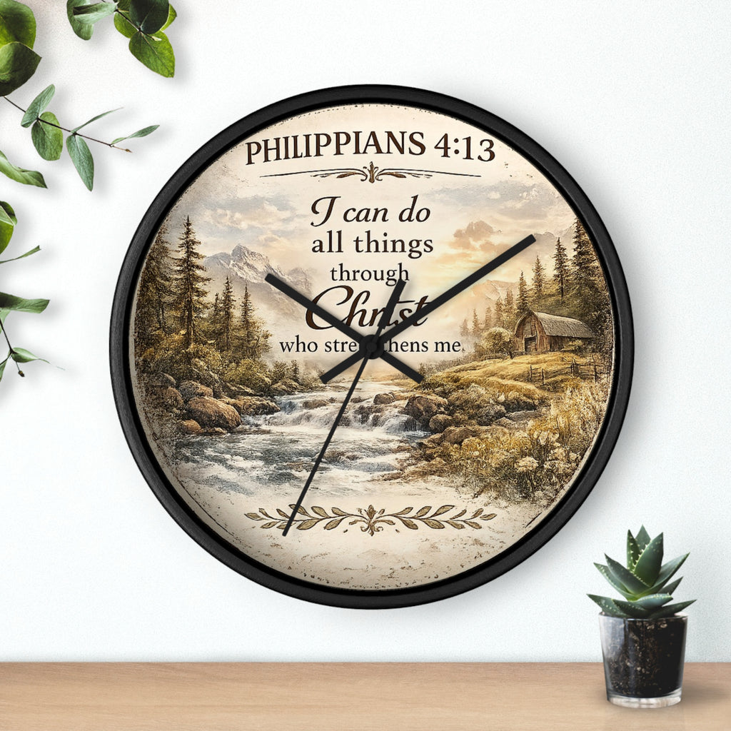 Inspirational Christian wall clock featuring Philippians 4:13 with a rustic cabin, flowing river, pine trees, and peaceful countryside landscape in warm vintage tones.