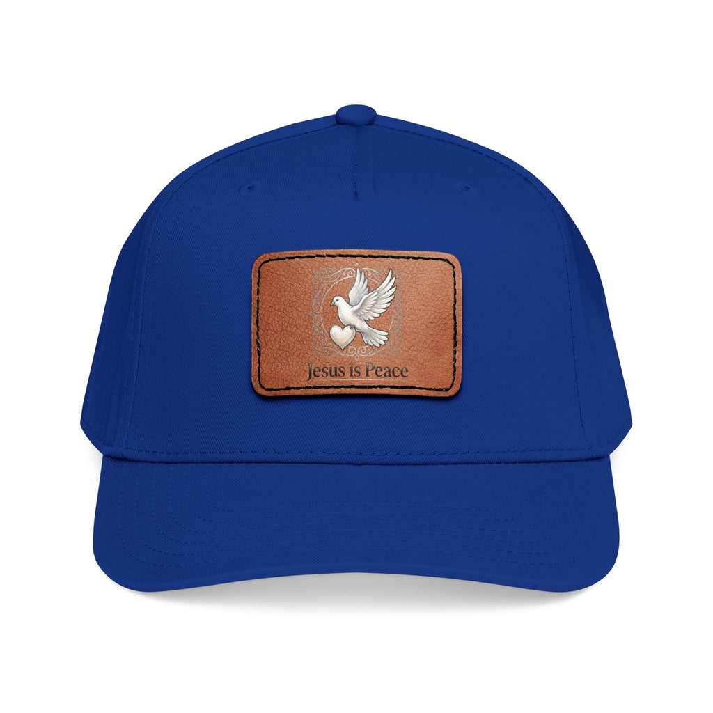 Christian Leather Patch Baseball Cap — "Jesus is Peace" Dove Embroidery