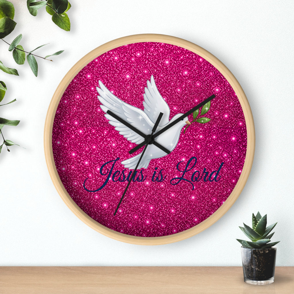 Jesus Is Lord Wall Clock | Pink Glitter Dove Christian Wall Decor | Silent Faith Clock
