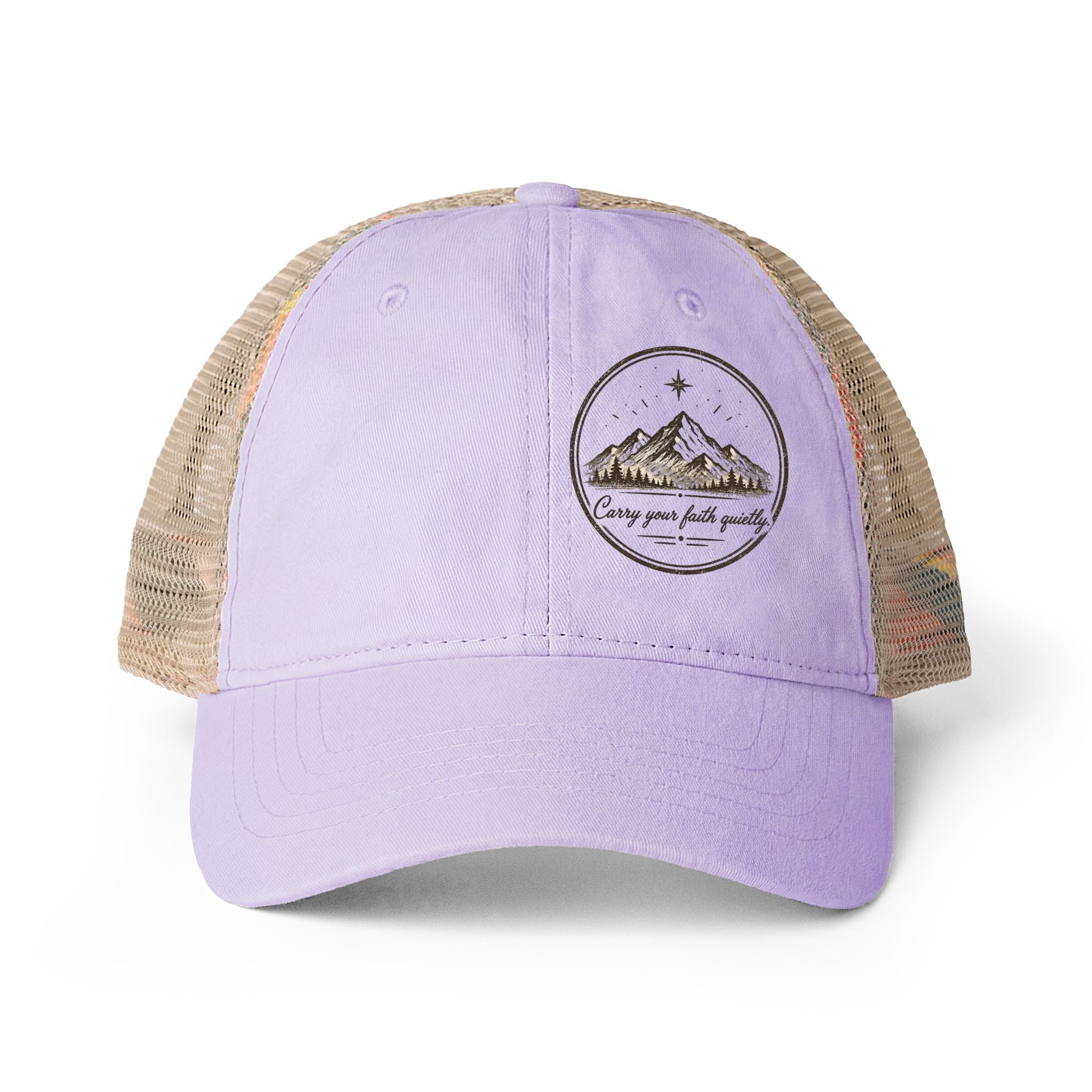 Women’s washed mesh-back Christian cap featuring the phrase “Carry Your Faith Quietly” with vintage styling and concealed ponytail opening.