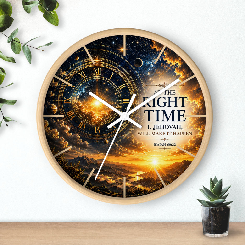 Inspirational Christian wall clock featuring celestial skies, glowing golden gears, and Isaiah 60:22 scripture with the phrase “The Right Time: I, Jehovah, Will Make It Happen.”