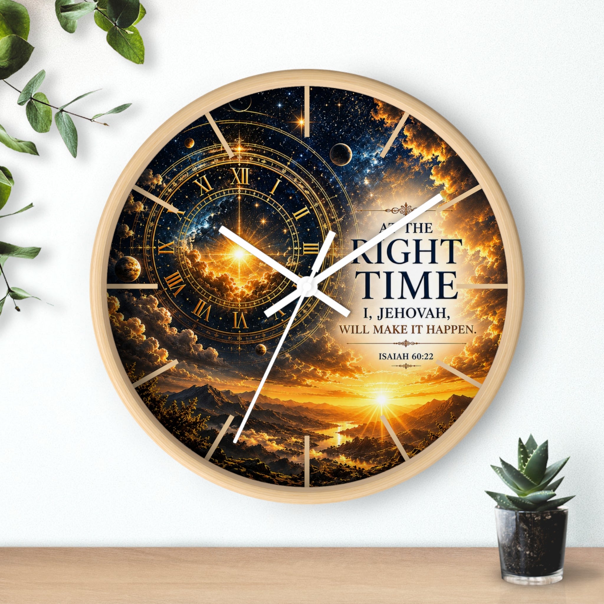 Inspirational Christian wall clock featuring celestial skies, glowing golden gears, and Isaiah 60:22 scripture with the phrase “The Right Time: I, Jehovah, Will Make It Happen.”