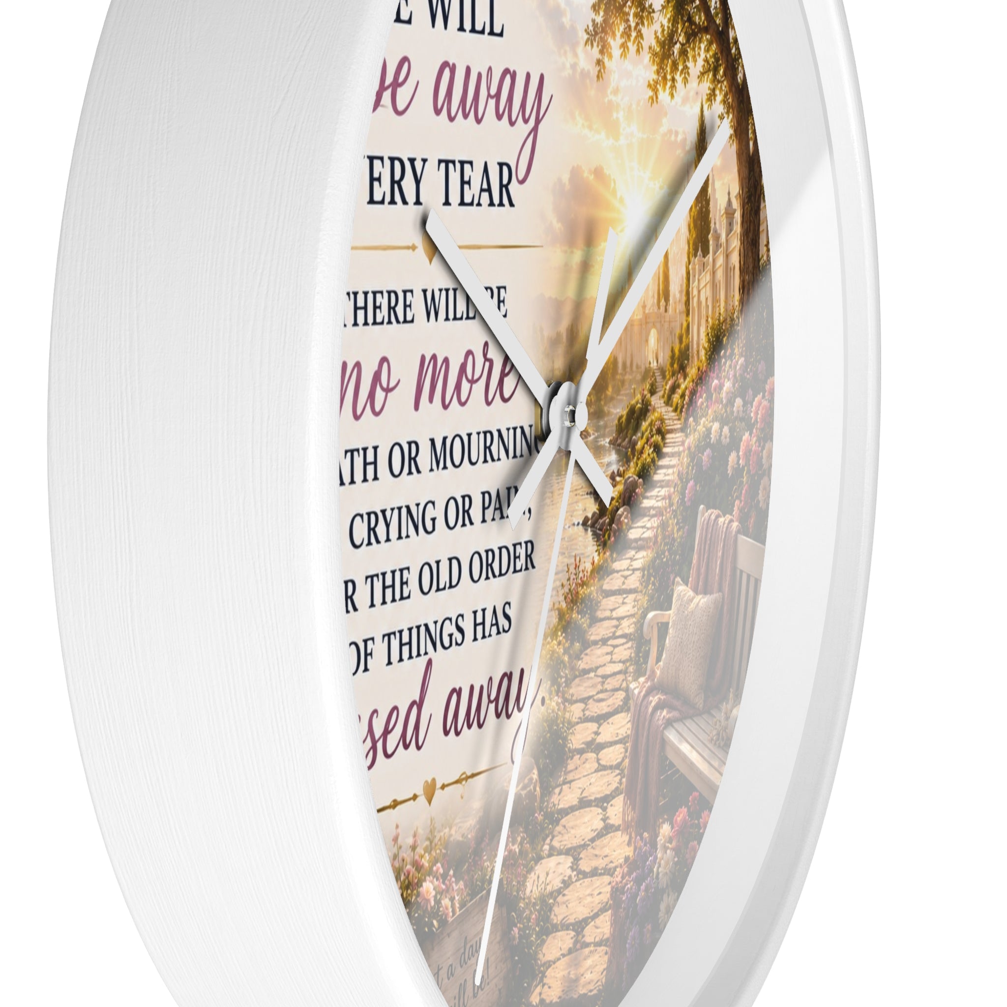 Revelation 21:4 Wall Clock | Christian Prayer Garden Decor | Inspirational Silent Wall Clock