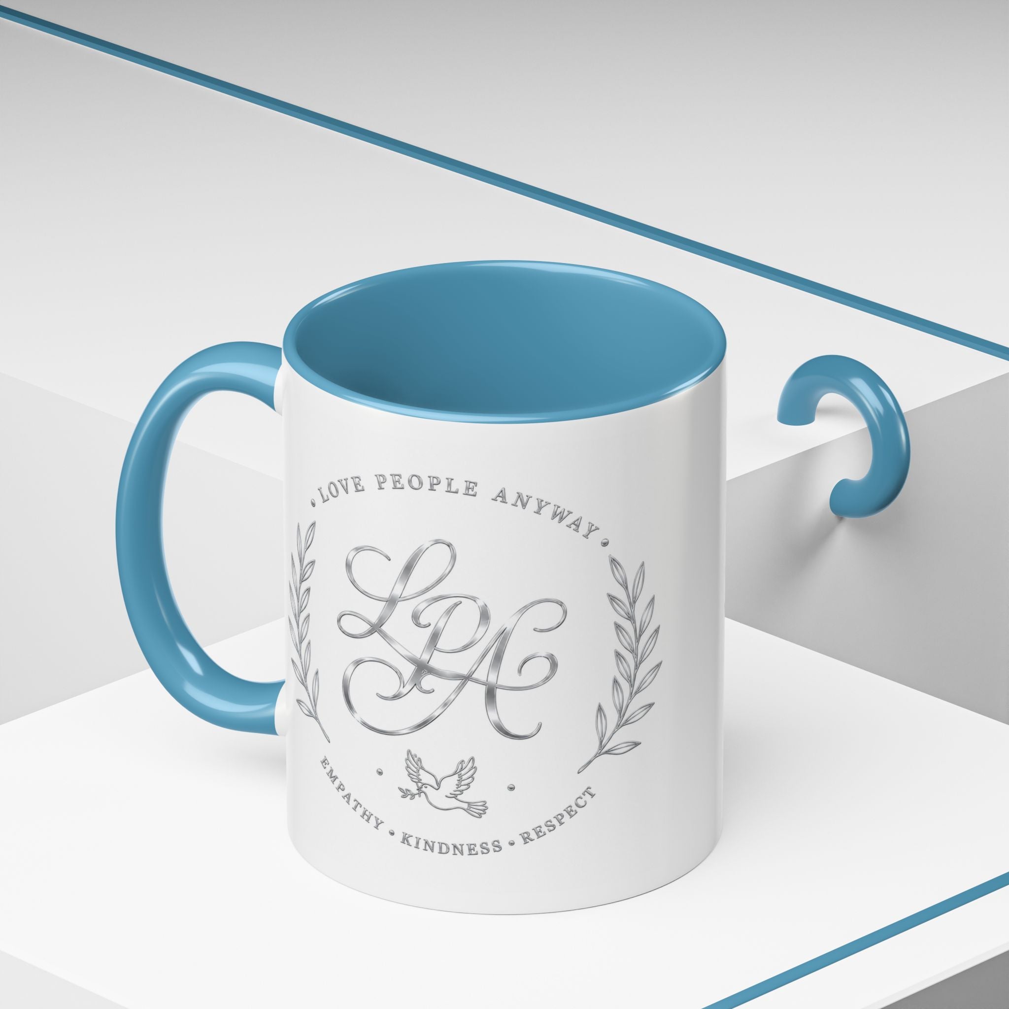 Love People Anyway Silver Accent Coffee Mug | Inspirational Monogram Mug | Faith Freedom Creations