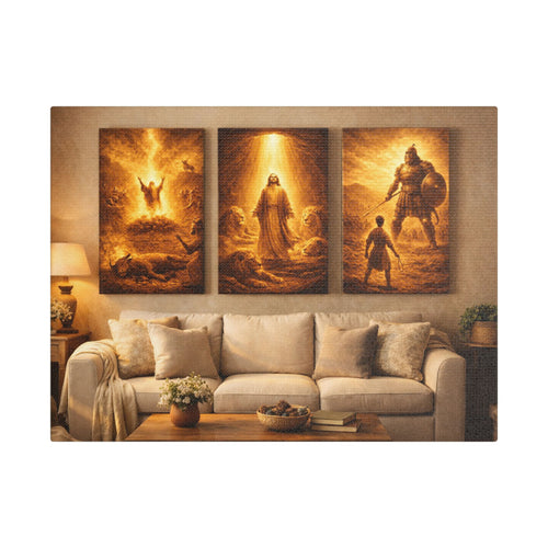 Biblical Heroes Triptych Canvas – Gold Elijah, Daniel & David Christian Wall Art
