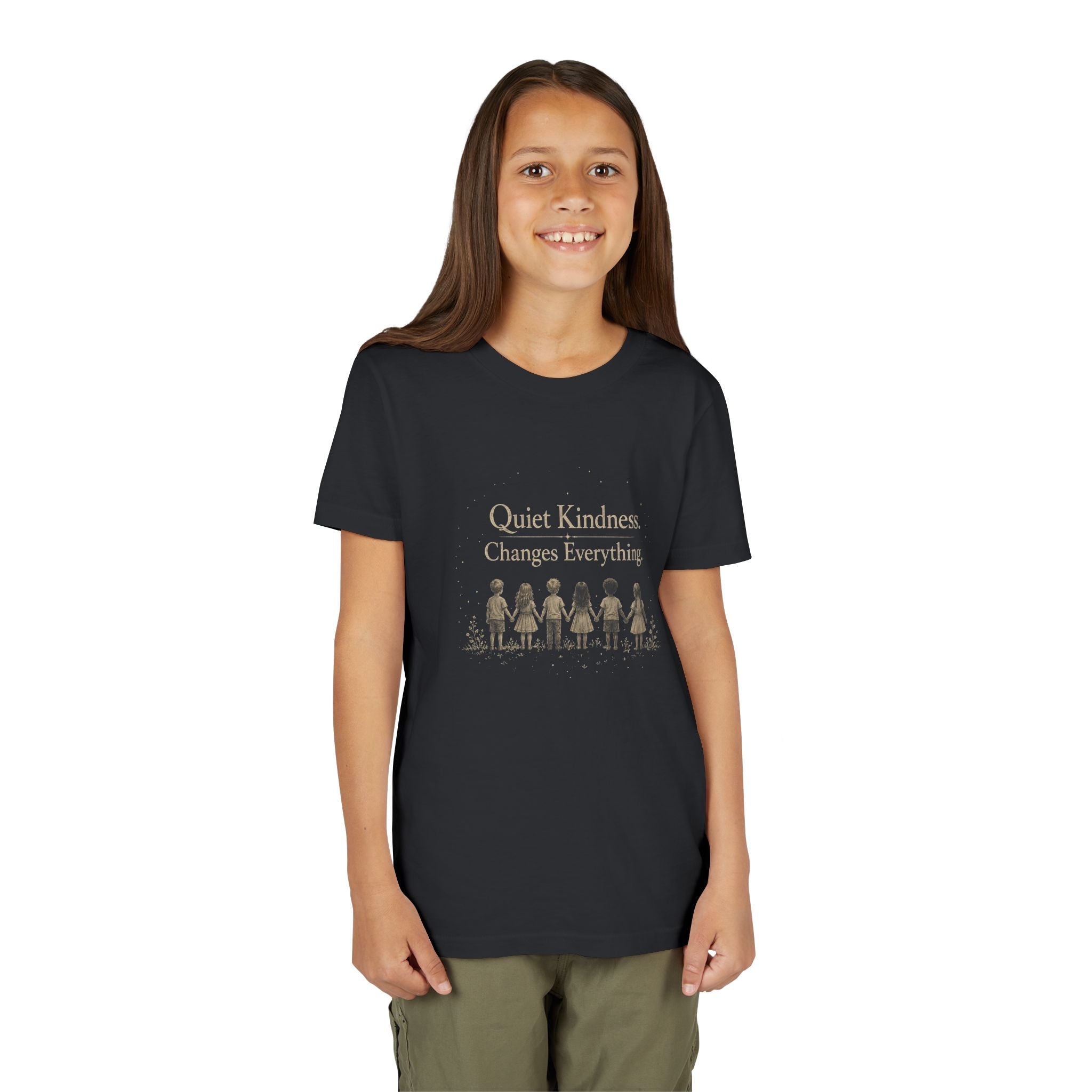 Youth “Quiet Kindness Changes Everything” Tee – Kids Inspirational T-Shirt with Earth & Friends Graphic