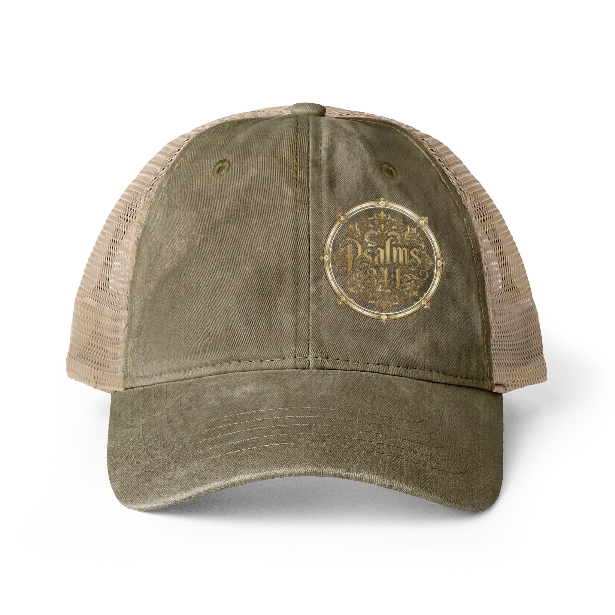 Women’s Washed Mesh-Back Cap – Psalm 34:1 Vintage Ponytail Hat | Faith & Freedom Creations