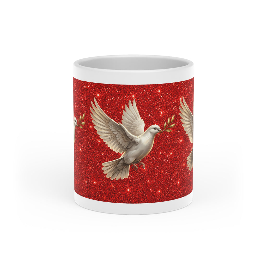White ceramic heart-shaped handle mug featuring a graceful white dove carrying an olive branch on a vibrant sparkling red background with wraparound artwork.