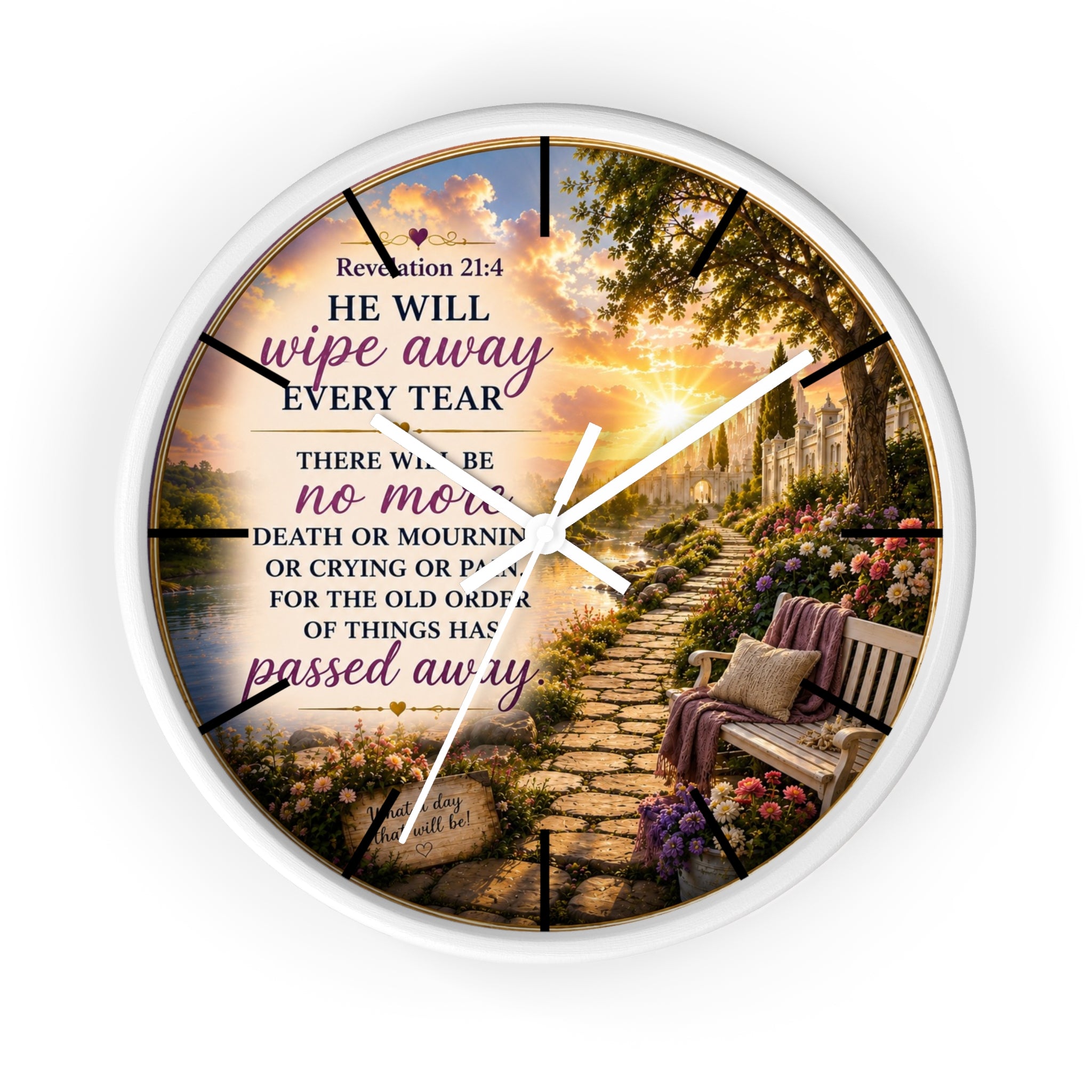 Inspirational Christian wall clock featuring a peaceful lakeside garden path, floral scenery, and Revelation 21:4 scripture in warm comforting tones.