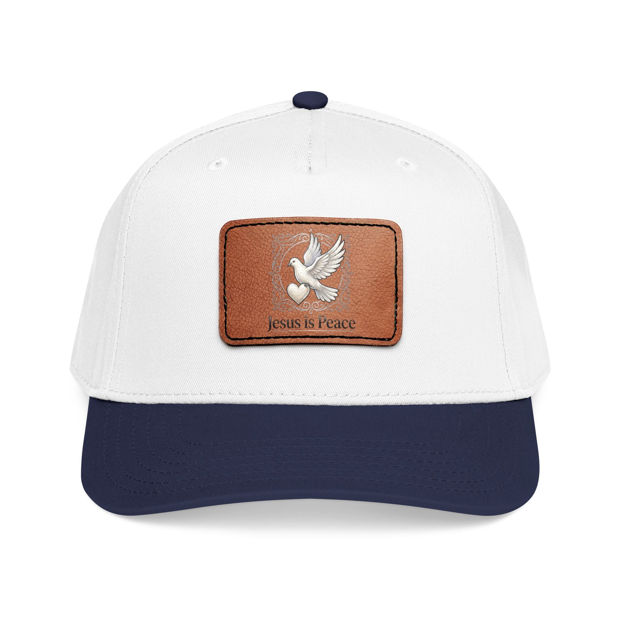 White and Black Christian baseball cap featuring a brown leather patch with a white dove carrying a heart and the words "Jesus Is Peace."