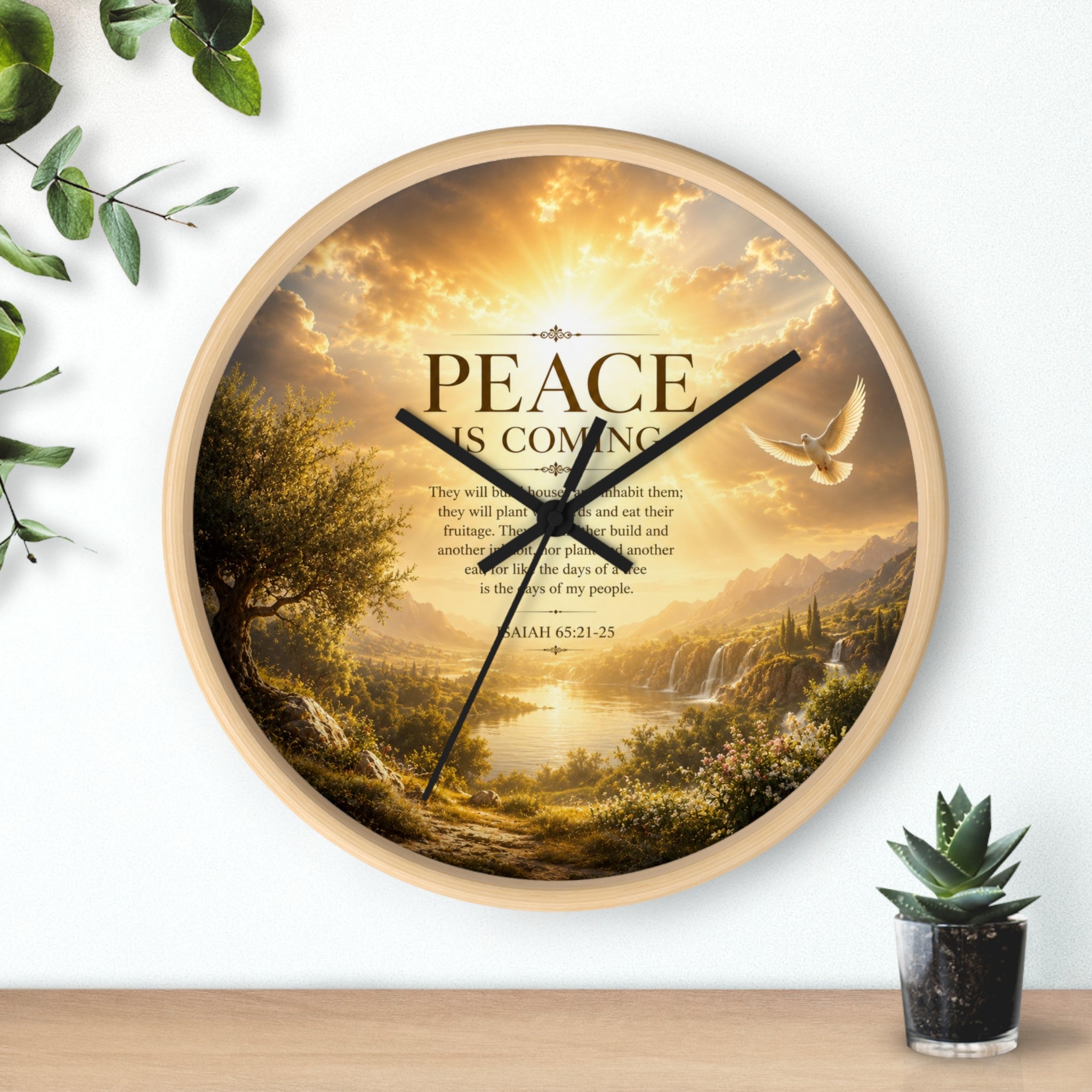 Peace Is Coming Wall Clock | Inspirational Christian Dove Decor | Silent Sunrise Quote Clock