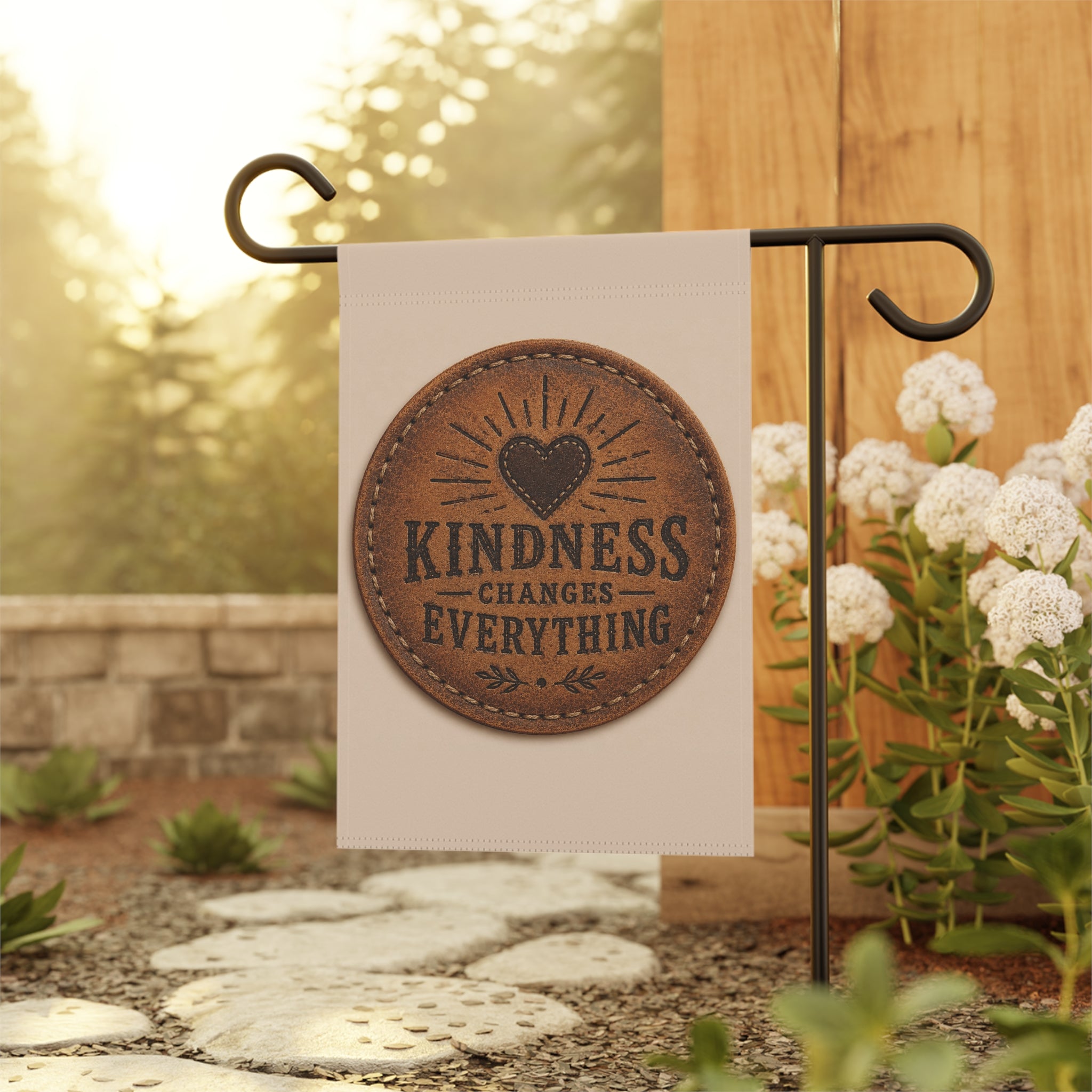 Inspirational garden flag featuring a rustic stitched leather-look medallion design with the message “Kindness Changes Everything” on a neutral farmhouse-style outdoor banner.