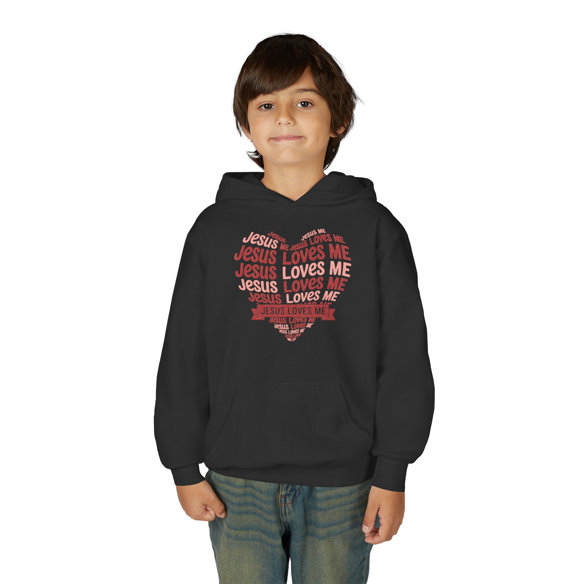 Jesus Loves Me Youth Hoodie – Heart Word Cloud Christian Kids Sweatshirt | Faith Inspired Kids Apparel
