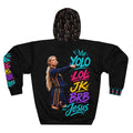 Black personalized pullover hoodie with colorful YOLO LOL JK BRB ~Jesus graffiti artwork, illustrated woman pointing toward the words, coordinating sleeve and cuff graphics, patterned hood, kangaroo pocket artwork, and custom name on the front chest.