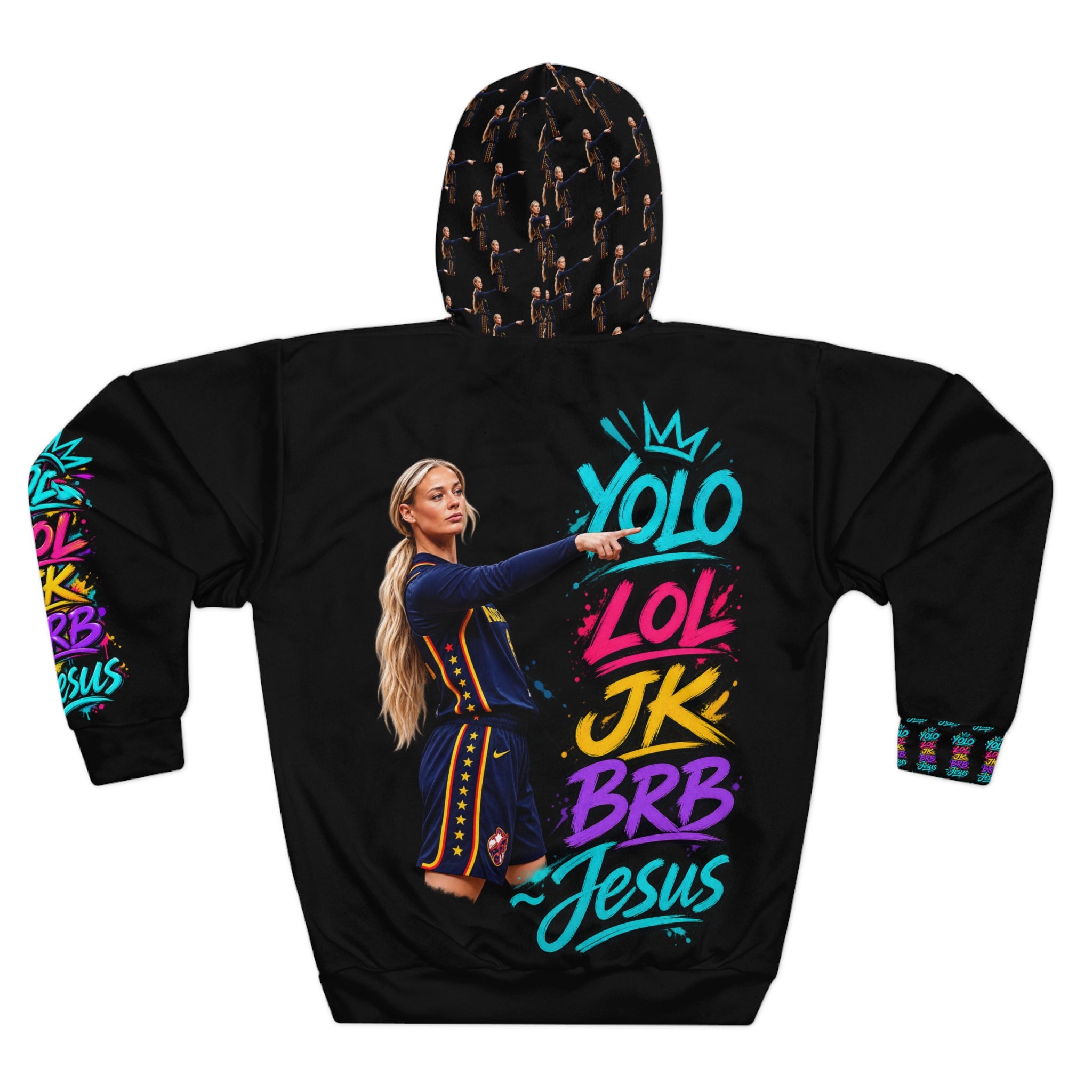 Black personalized pullover hoodie with colorful YOLO LOL JK BRB ~Jesus graffiti artwork, illustrated woman pointing toward the words, coordinating sleeve and cuff graphics, patterned hood, kangaroo pocket artwork, and custom name on the front chest.