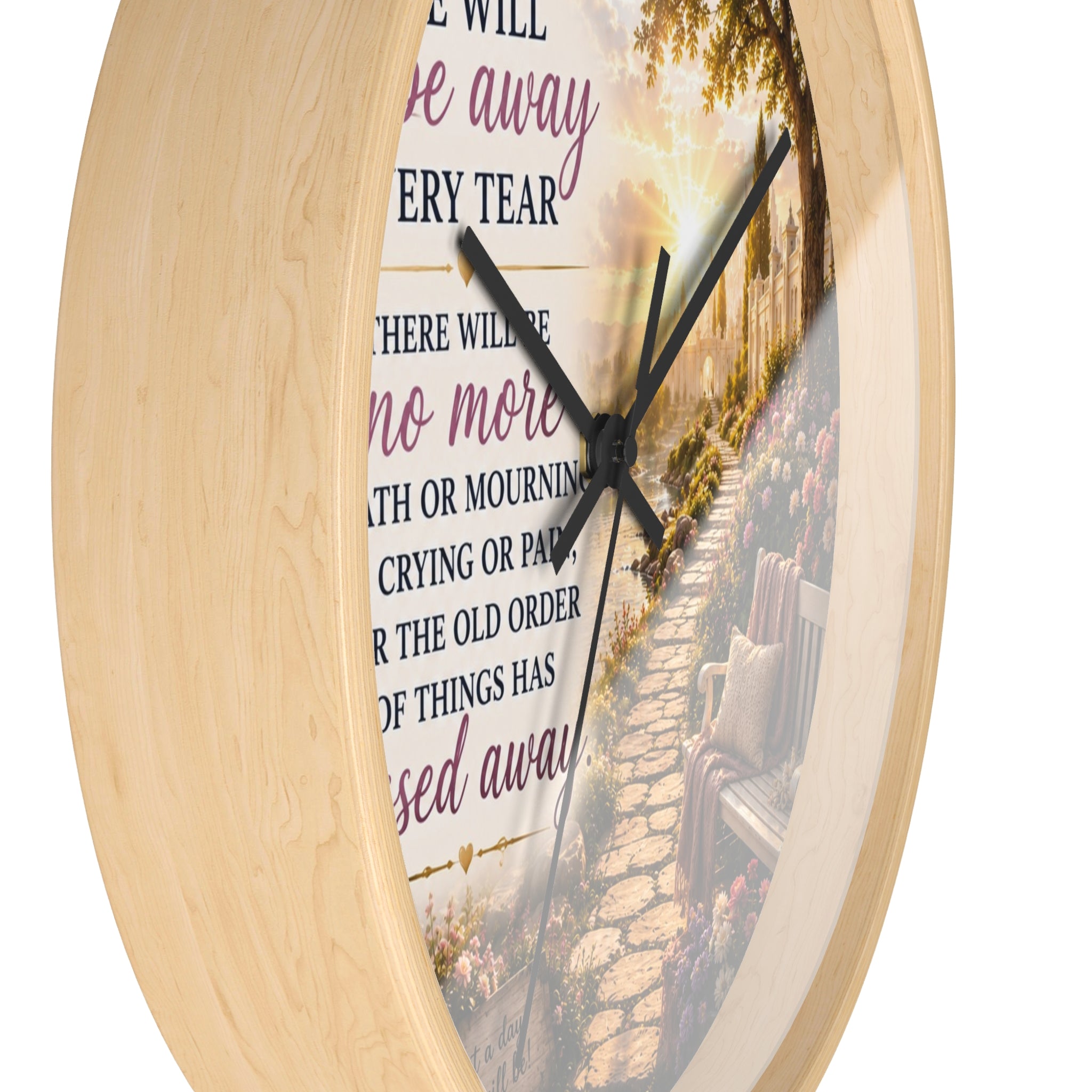 Revelation 21:4 Wall Clock | Christian Prayer Garden Decor | Inspirational Silent Wall Clock