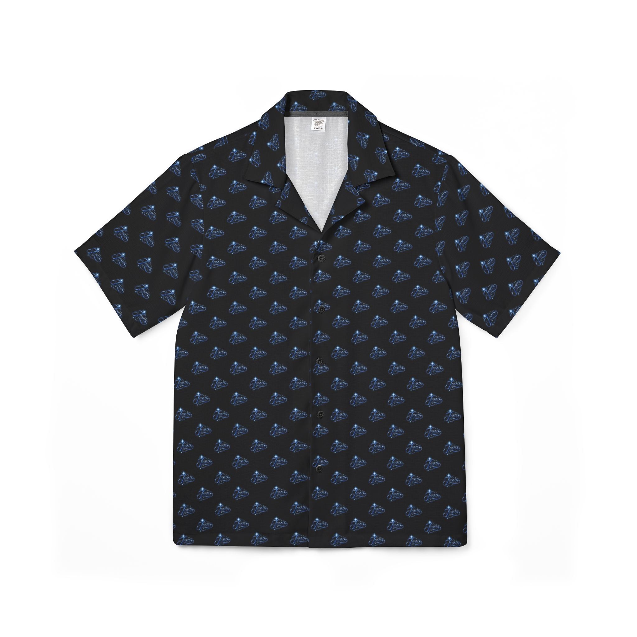 'Jesus' Navy Tropical Hawaiian Camp Shirt — Small Blue Wave Print