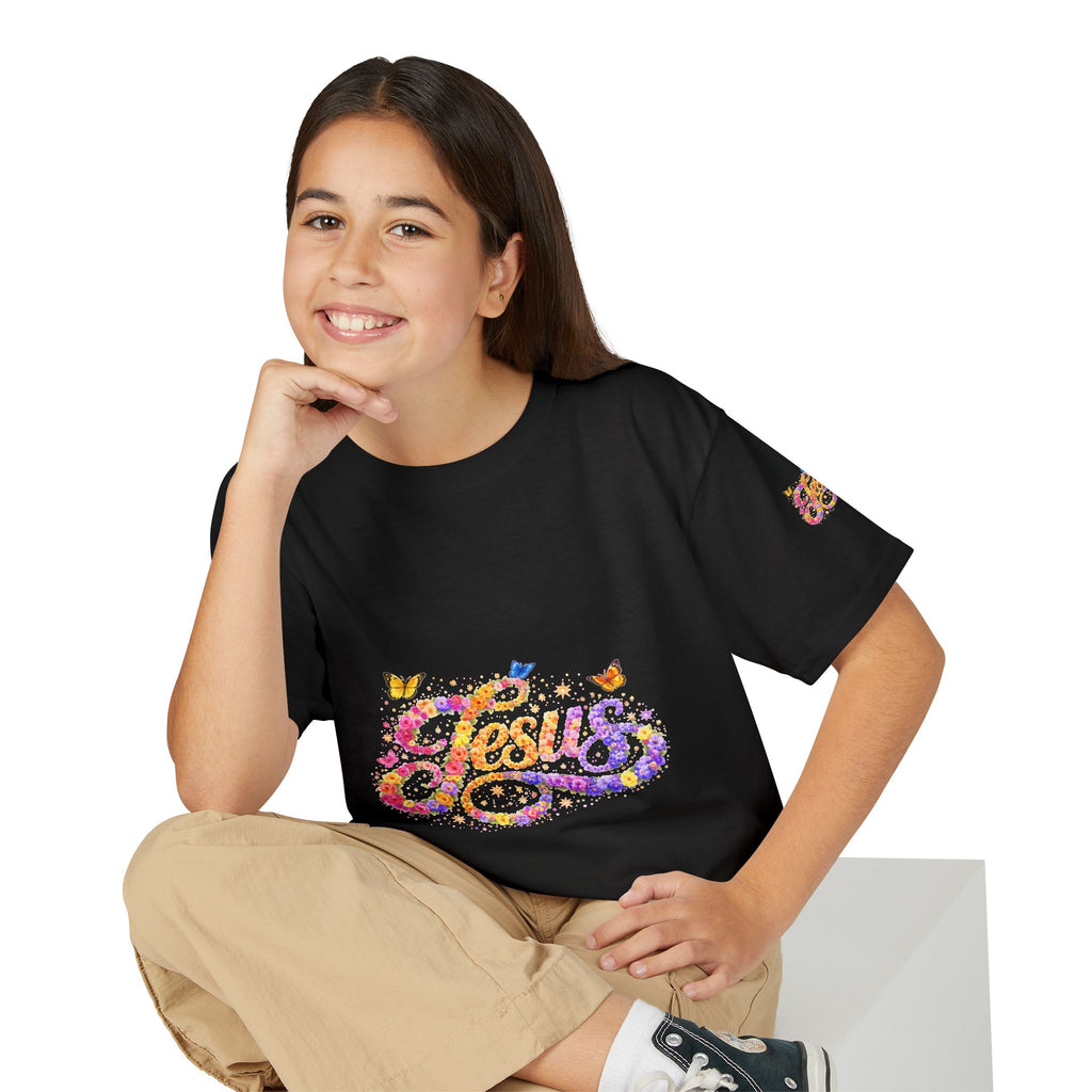 Youth Jesus Floral Butterfly T-Shirt – Christian Kids Faith Tee | Gratitude Sneaker Style Shirt