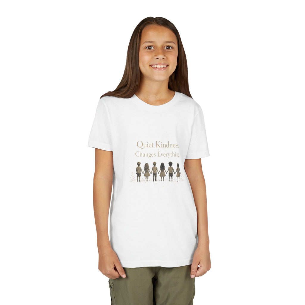 Youth “Quiet Kindness Changes Everything” Tee – Kids Inspirational T-Shirt with Earth & Friends Graphic