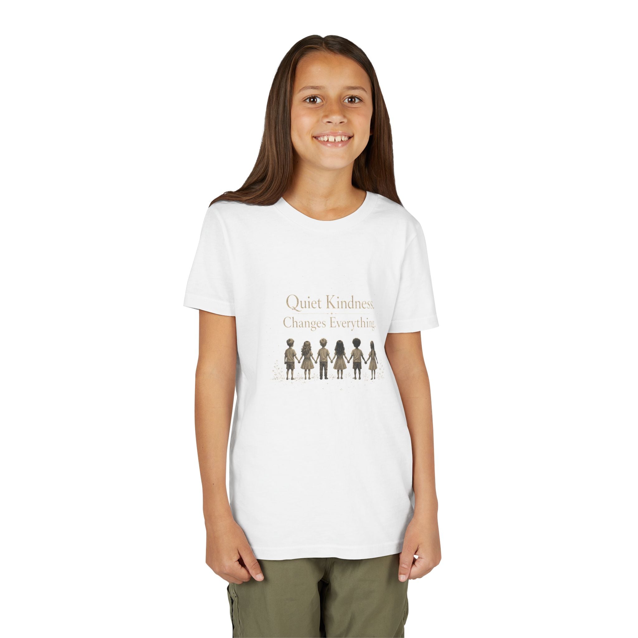 Youth “Quiet Kindness Changes Everything” Tee – Kids Inspirational T-Shirt with Earth & Friends Graphic