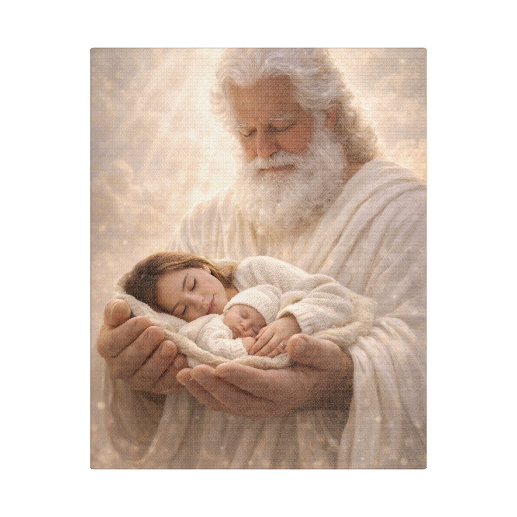Safely in His Hands Canvas — 'Mom & Baby' Sleeping in God's Embrace Wall Art