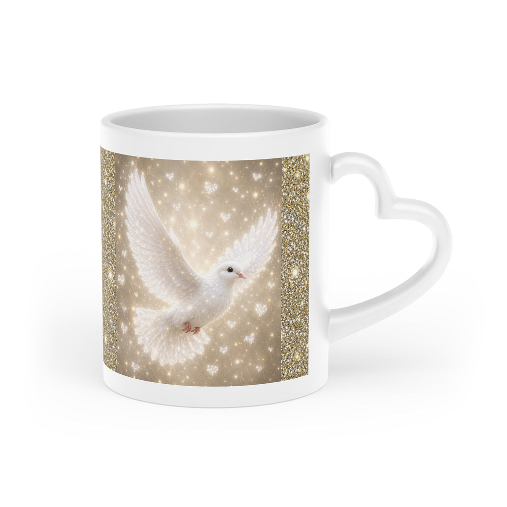White ceramic heart-shaped handle mug featuring elegant white doves flying across a shimmering gold sparkle background with wraparound artwork.