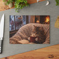 Cozy Winter Cat Glass Cutting Board – Hot Cocoa Kitchen Decor | Cute Cat Kitchen Board