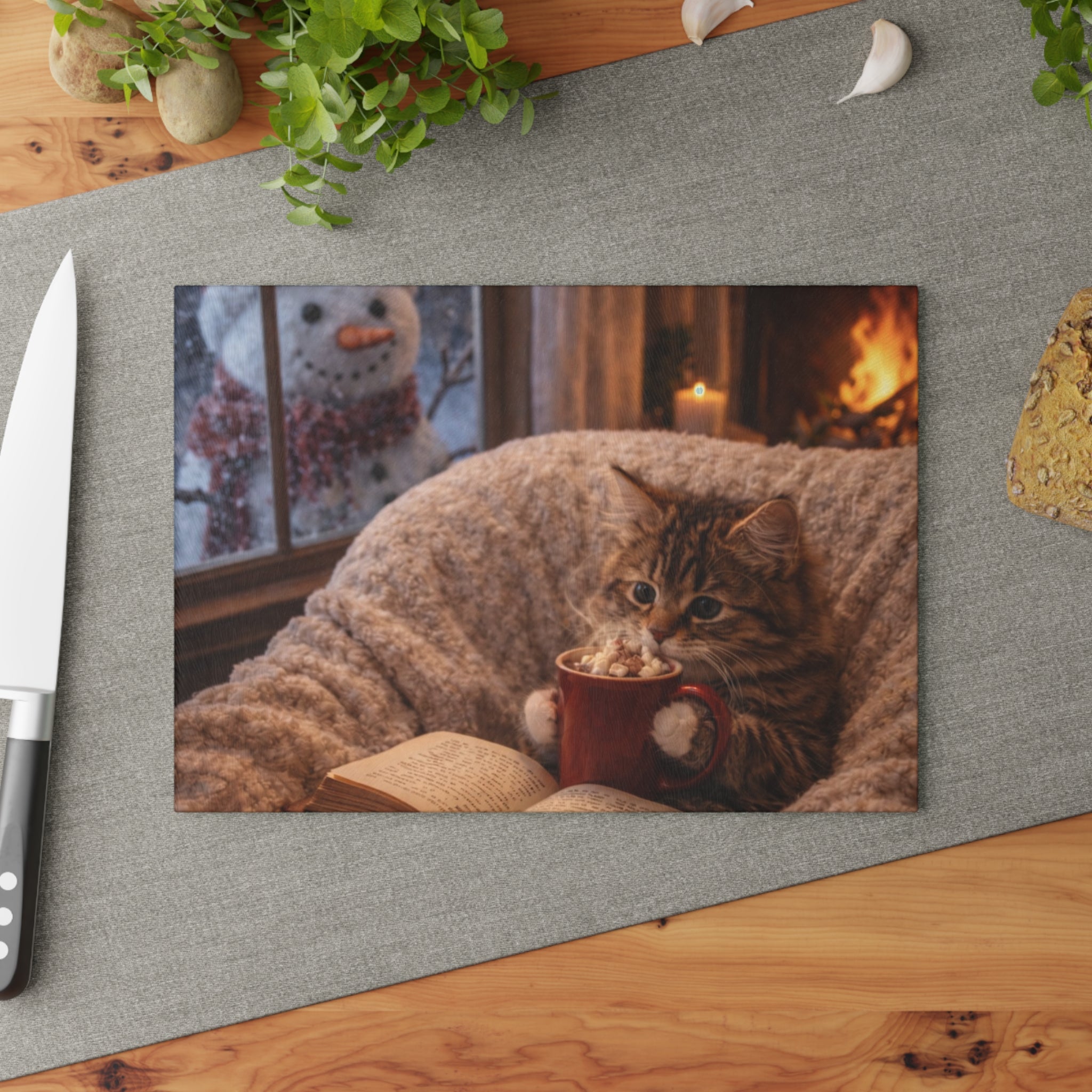Cozy Winter Cat Glass Cutting Board – Hot Cocoa Kitchen Decor | Cute Cat Kitchen Board