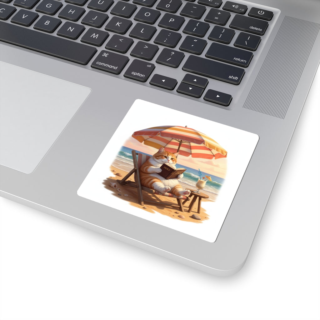 Bible Reading Beach Kitty Sticker – Christian Cat Faith Decal | Cute Bible Study Laptop Sticker
