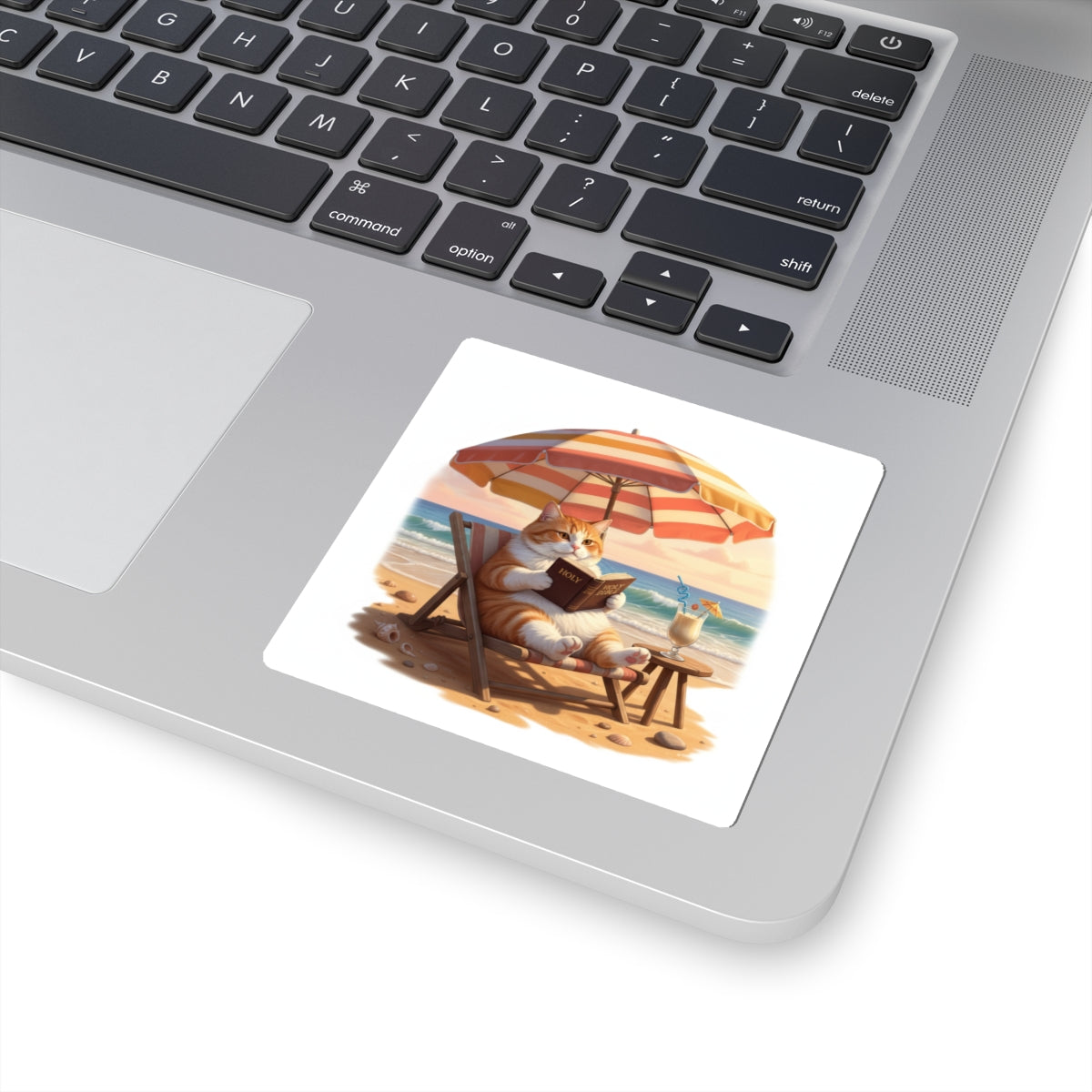 Bible Reading Beach Kitty Sticker – Christian Cat Faith Decal | Cute Bible Study Laptop Sticker