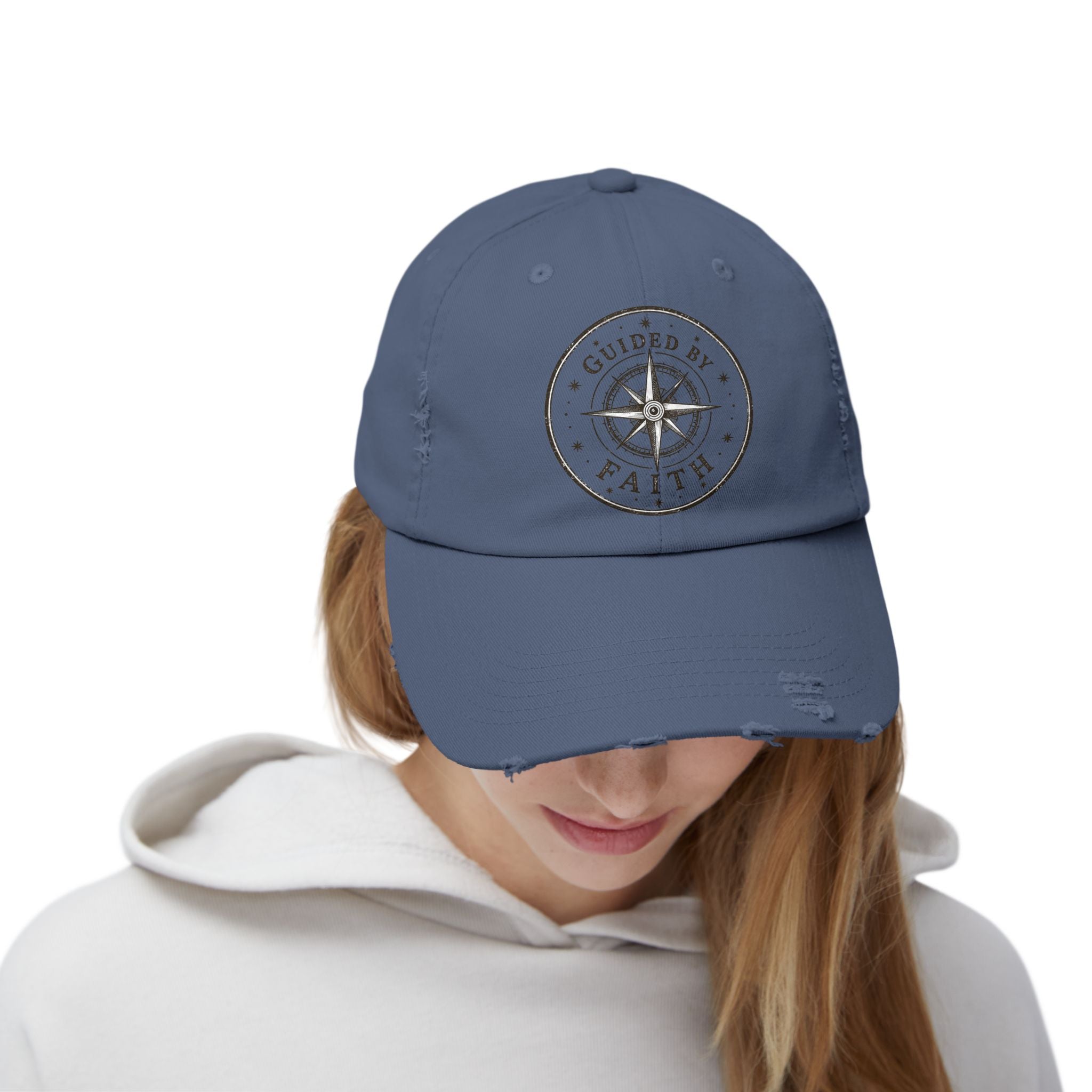 Guided by Faith Distressed Cap | Compass Christian Baseball Hat | Vintage Faith Apparel