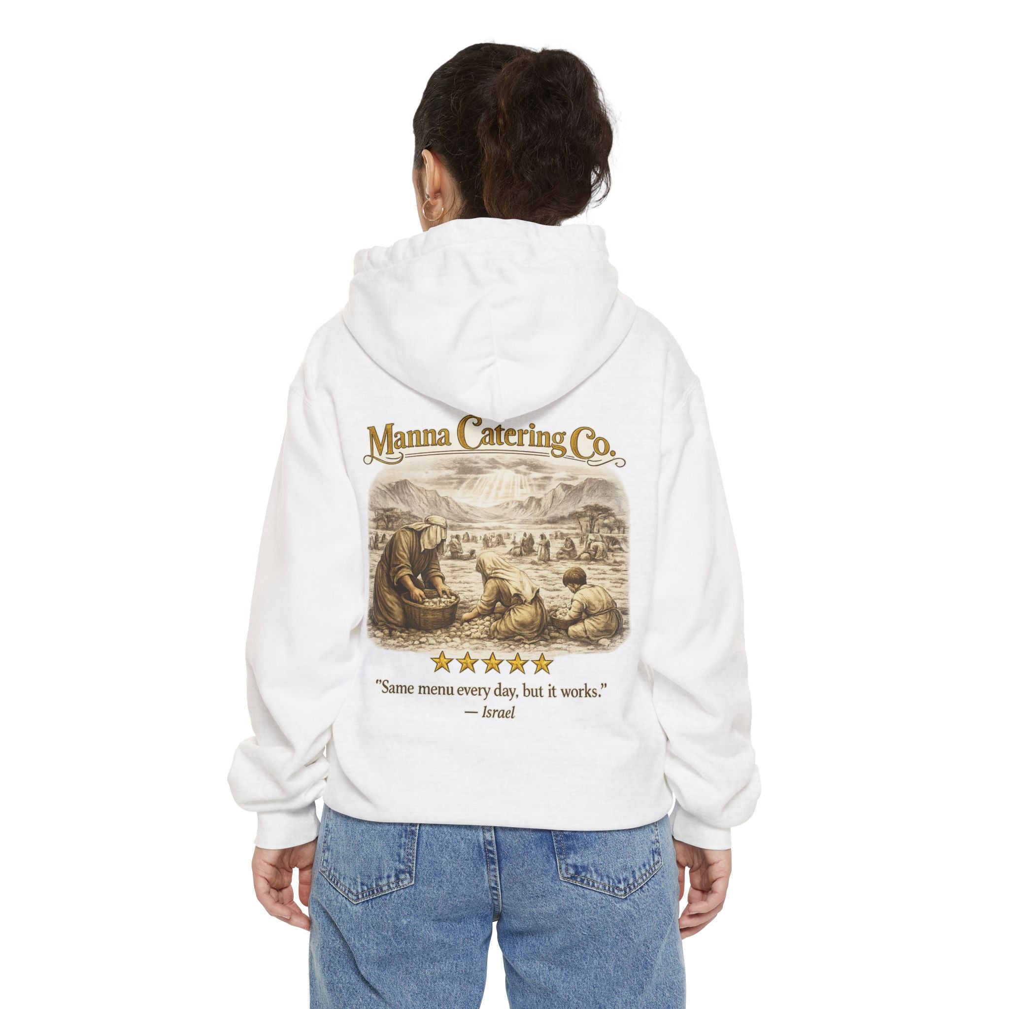 Manna Catering Co. – Hoodie | “Manna Review” Vintage Graphic – Five-Star Faith Series